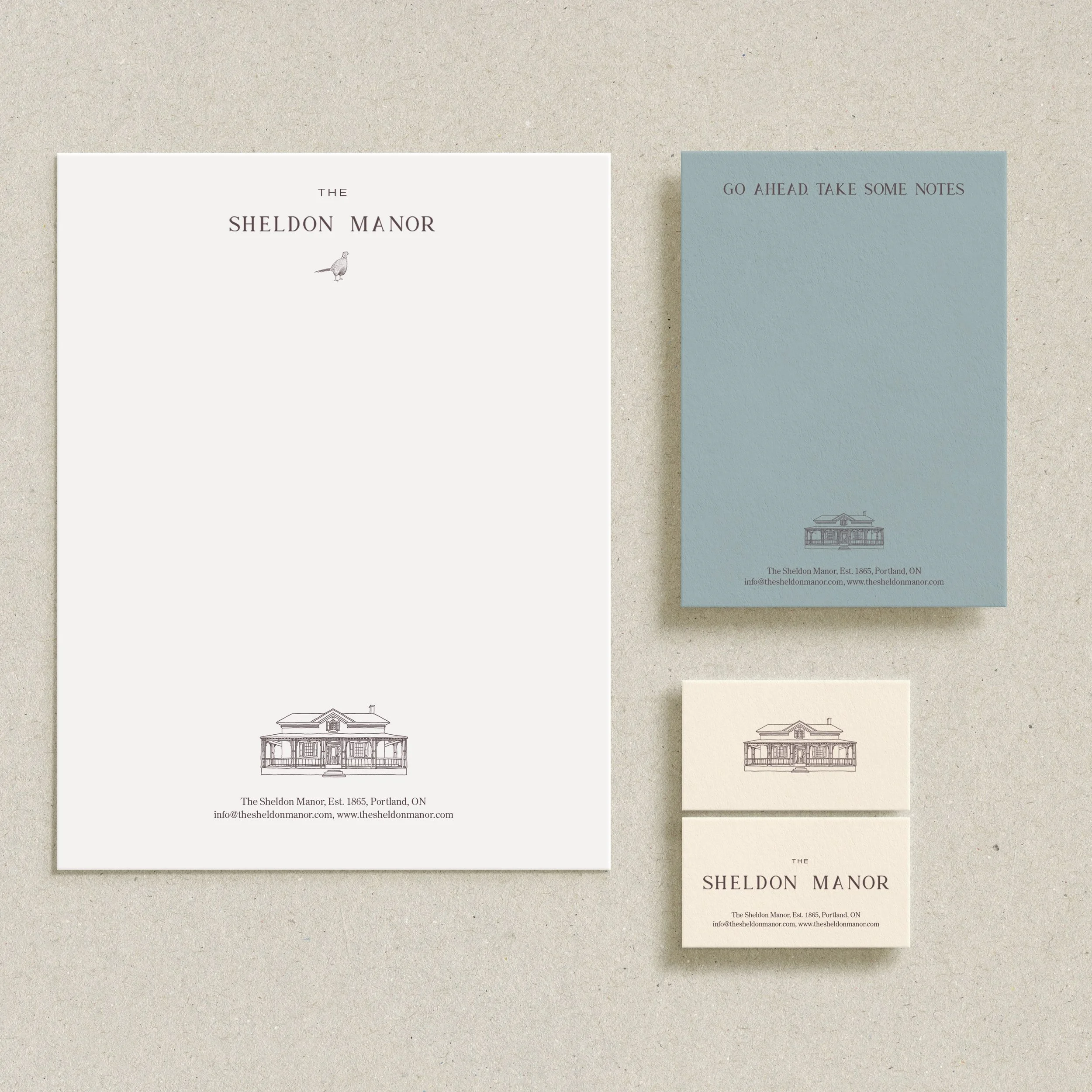 The Sheldon Manor branded stationery suite with letterhead, notepad and business card design