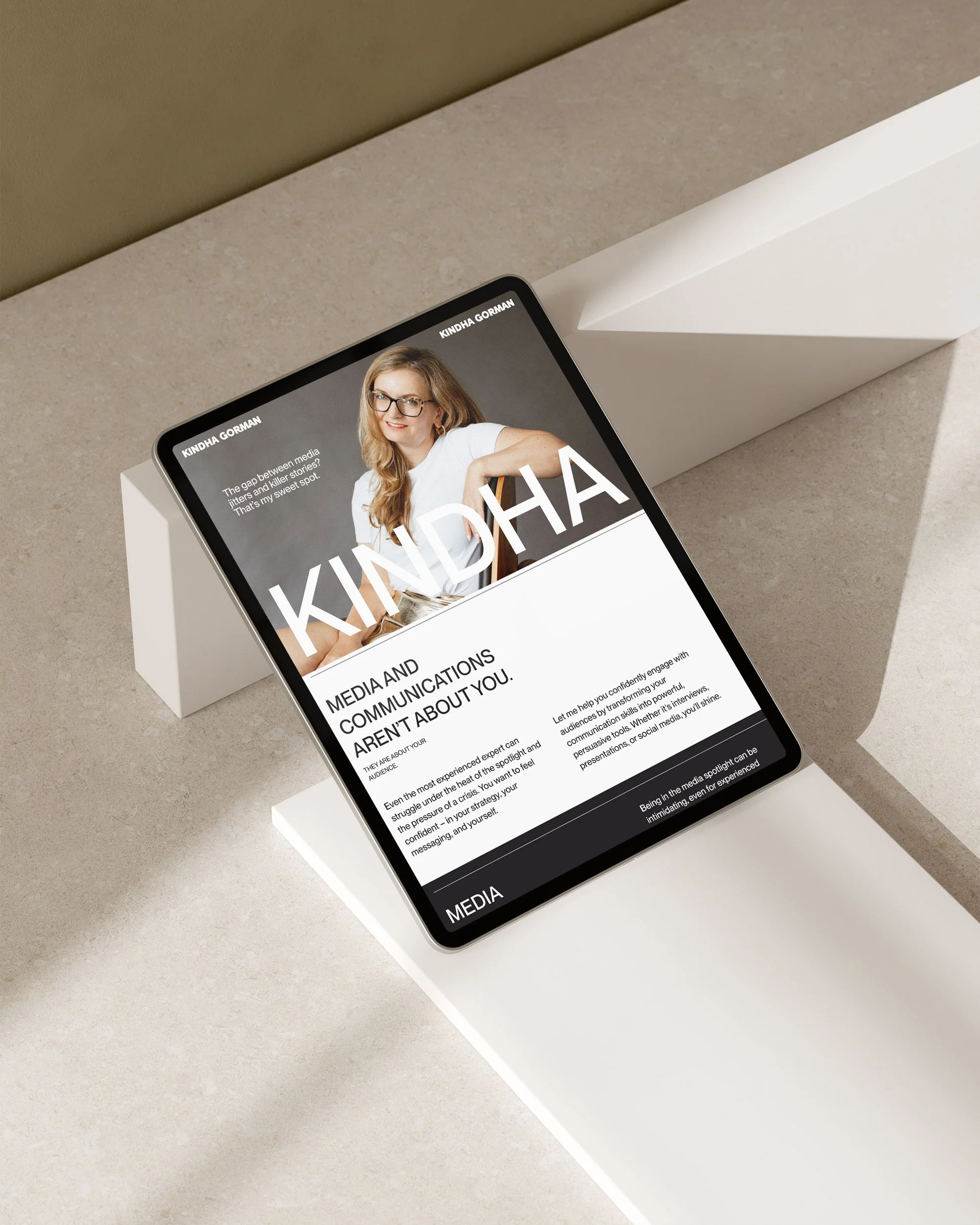 Custom Squarespace website design for Kindha Gorman, a media training, communications and business writing expert
