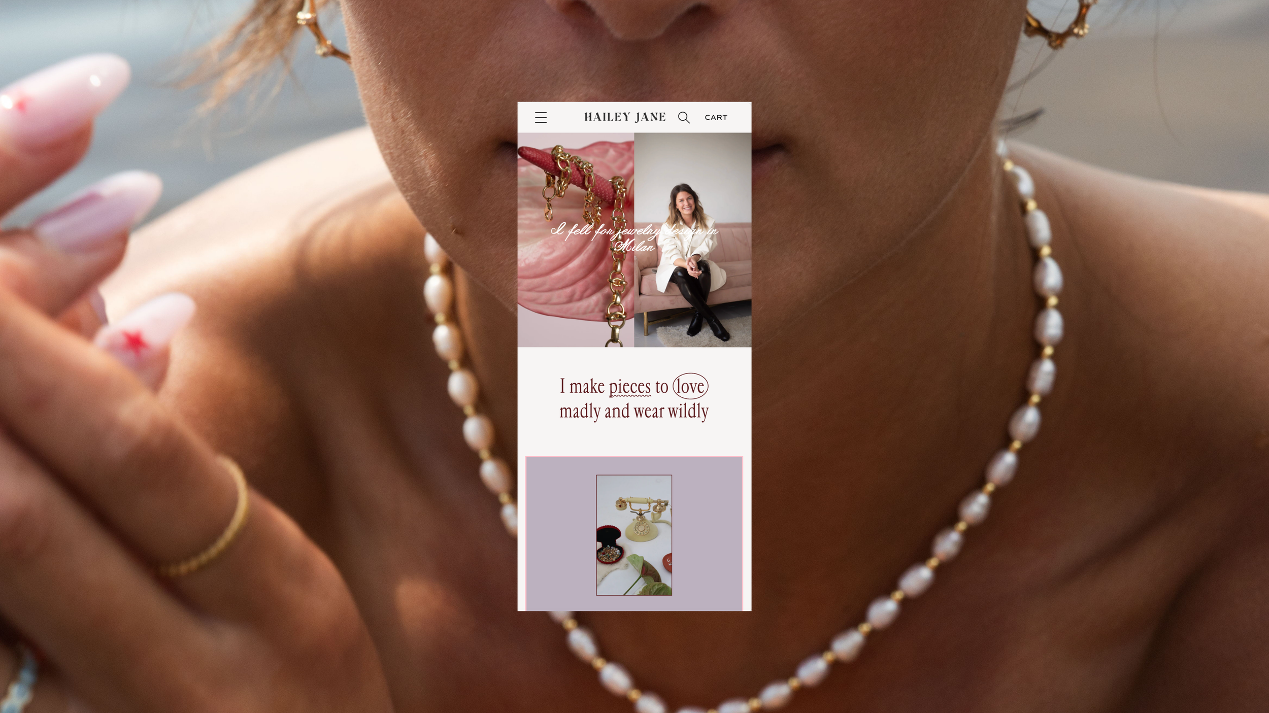 Custom About page for Hailey Jane featuring founder photography, brand storytelling, and editorial Shopify website design by Ash Izsak Studio.