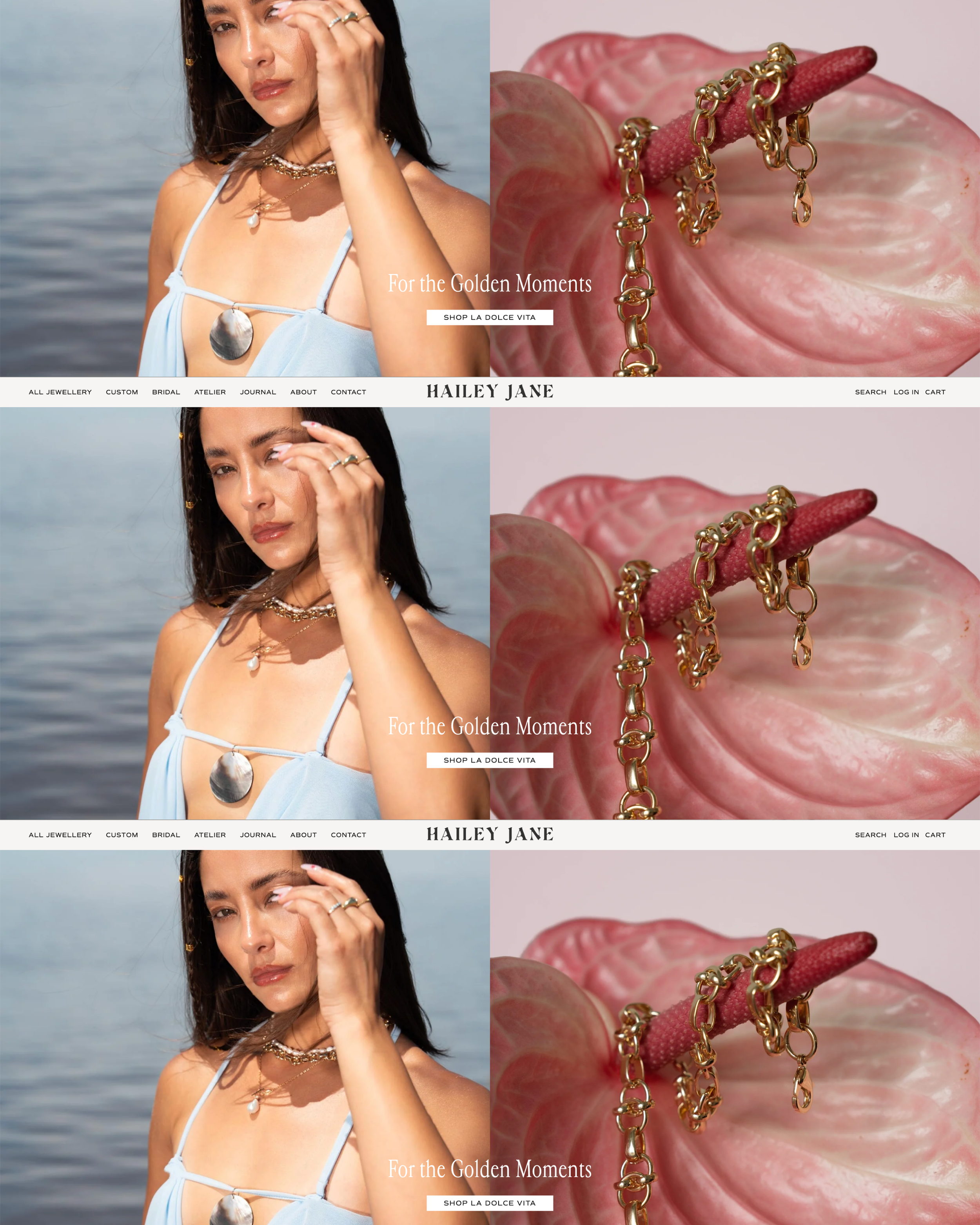 Custom Shopify homepage designed by Ash Izsak Studio for Hailey Jane, a women-owned Canadian jewellery brand, featuring editorial photography, custom copywriting, and luxury ecommerce design.