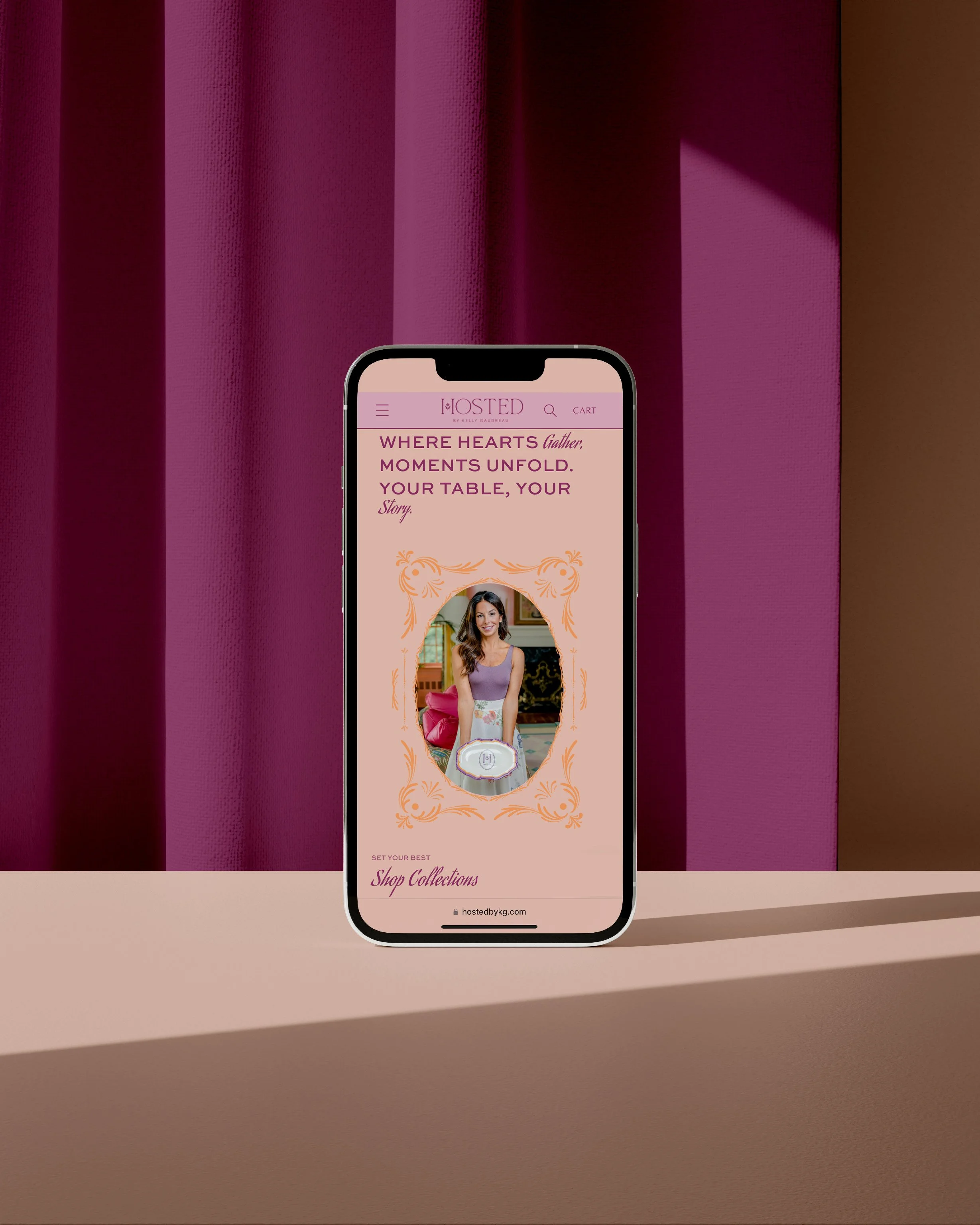 Hosted by Kelly Gaudreau branded mobile digital experience featuring tabletop and lifestyle imagery