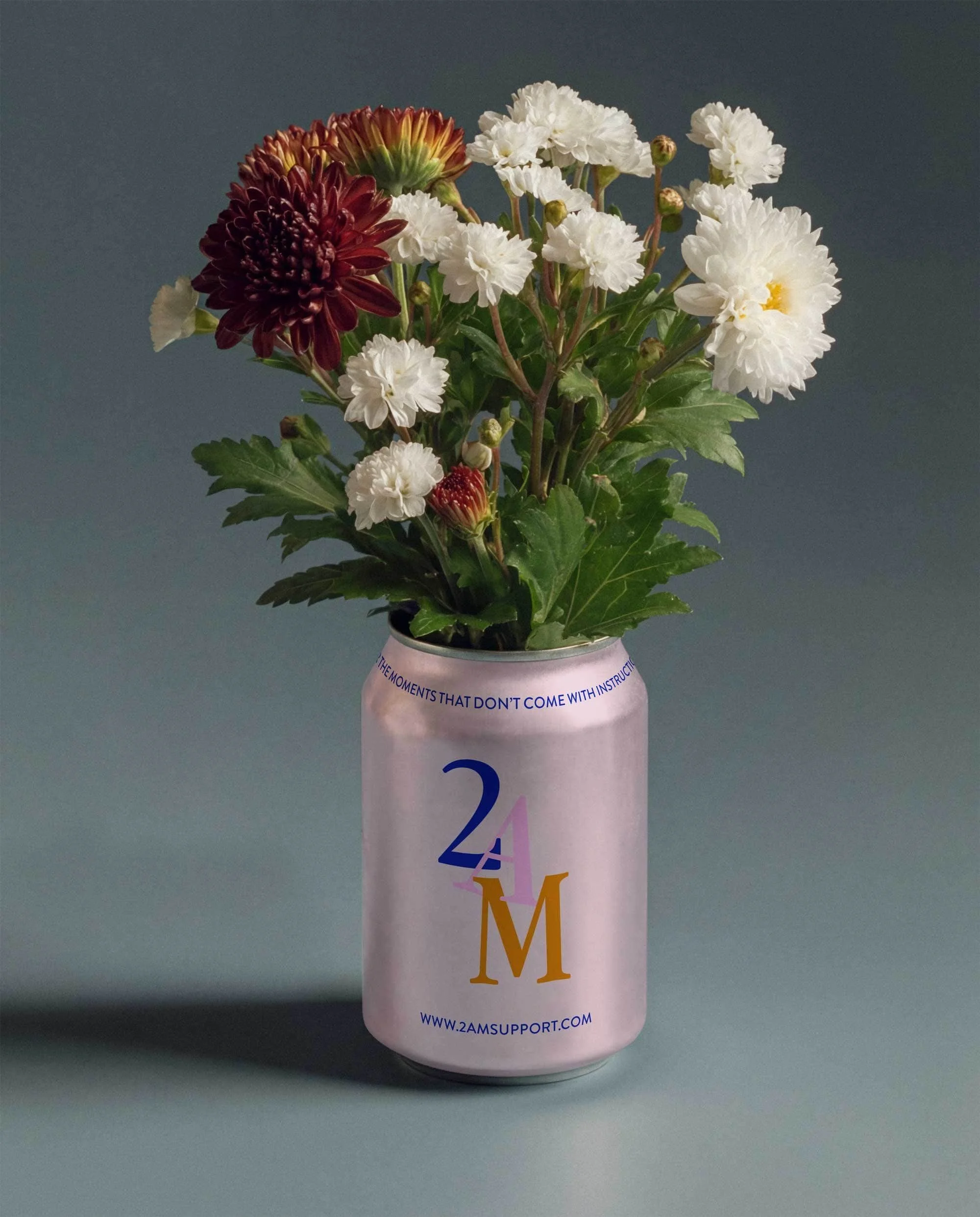 Brand design for 2AM shown on a pop can used as a flower vase