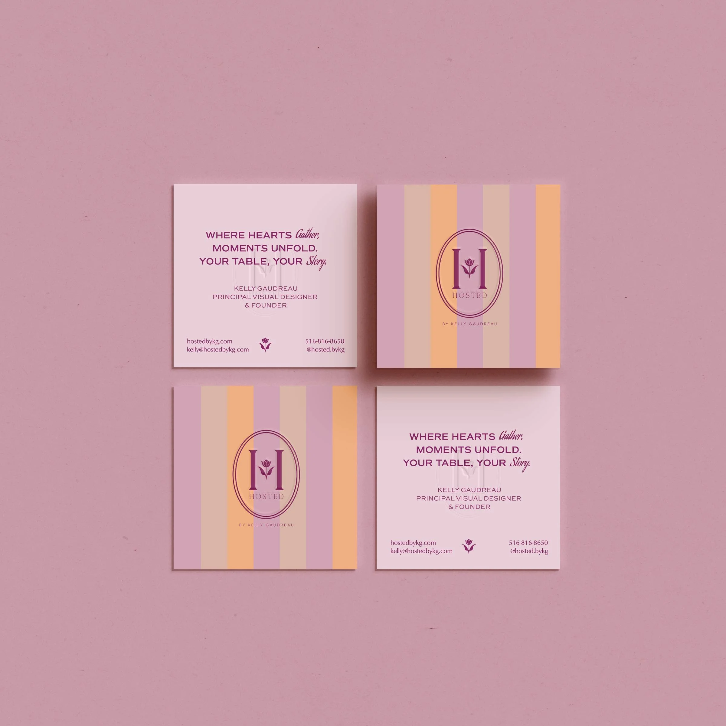 Hosted by Kelly Gaudreau custom business cards and branded stationery design