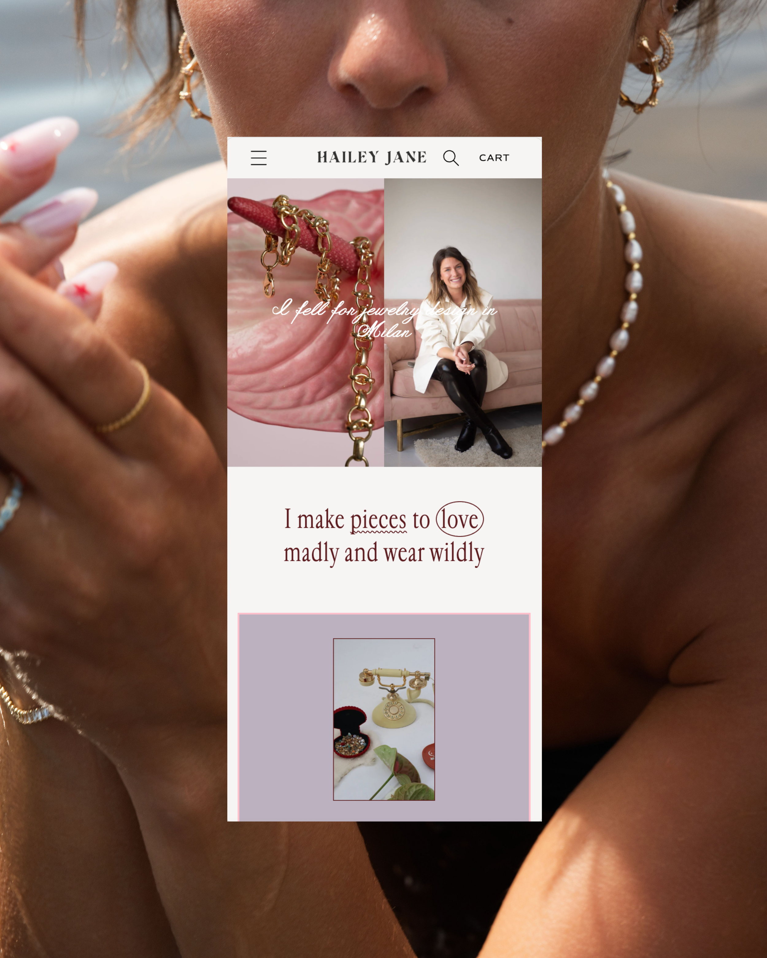 Custom About page for Hailey Jane featuring founder photography, brand storytelling, and editorial Shopify website design by Ash Izsak Studio.
