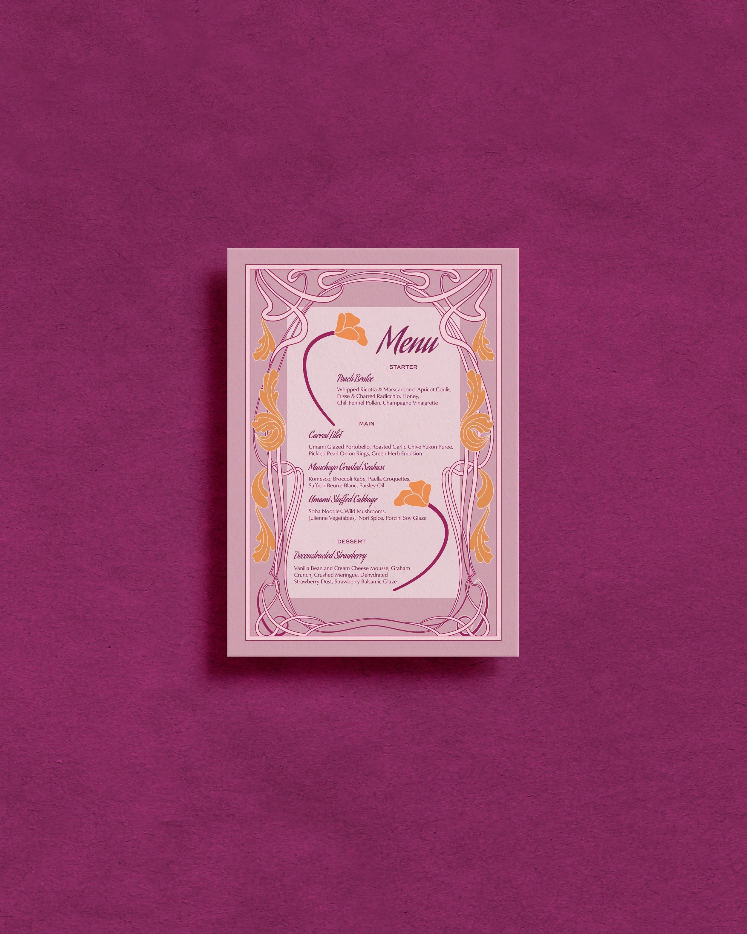 Custom printed menu and branded event collateral for Hosted by Kelly Gaudreau