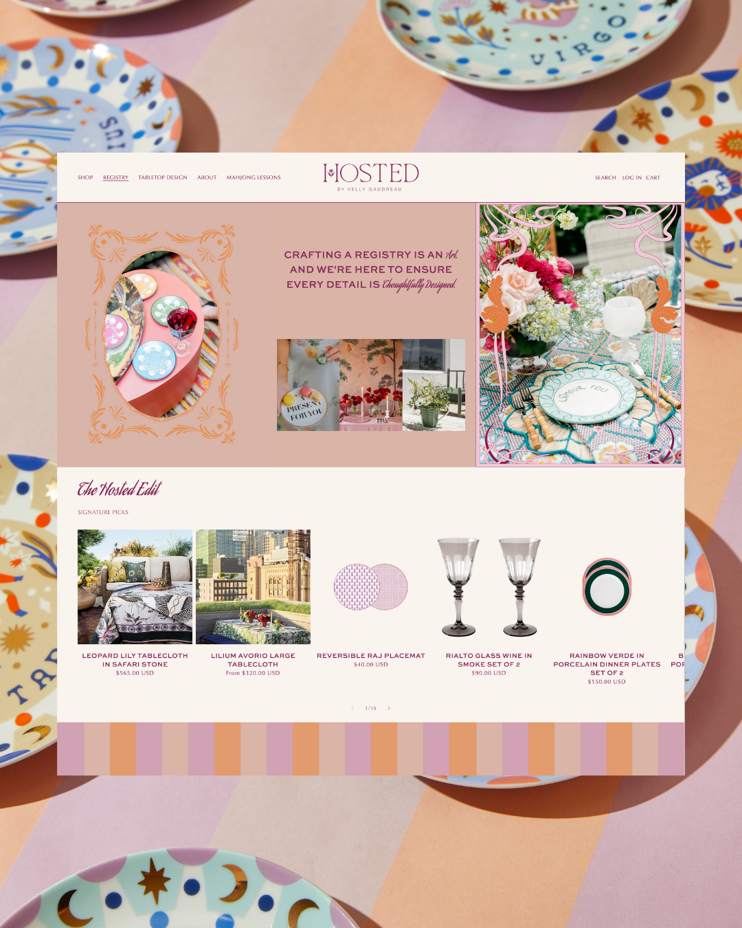 Custom Shopify website design for Hosted by Kelly Gaudreau, a home and tabletop shoppe in Locust Valley, New York