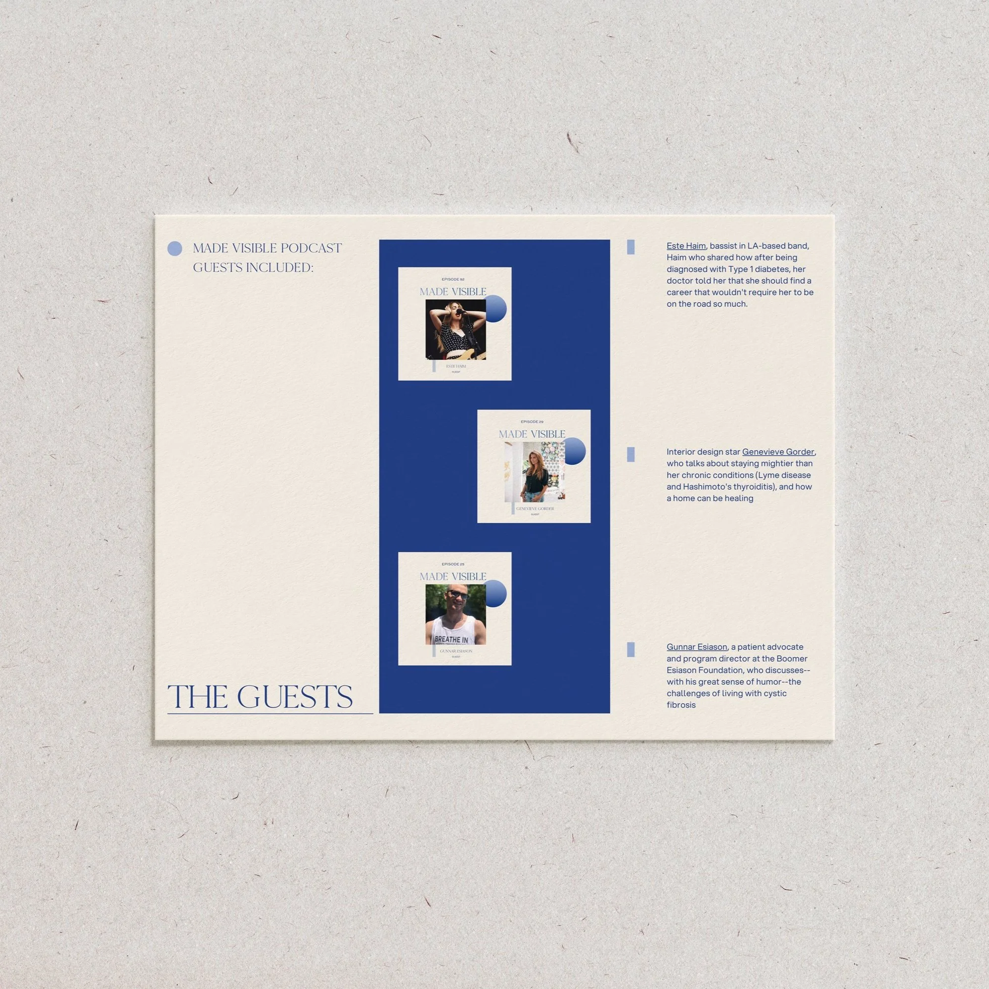 Media Kit design for Harper Spero’s Made Visible podcast featuring guest episodes and branded podcast artwork
