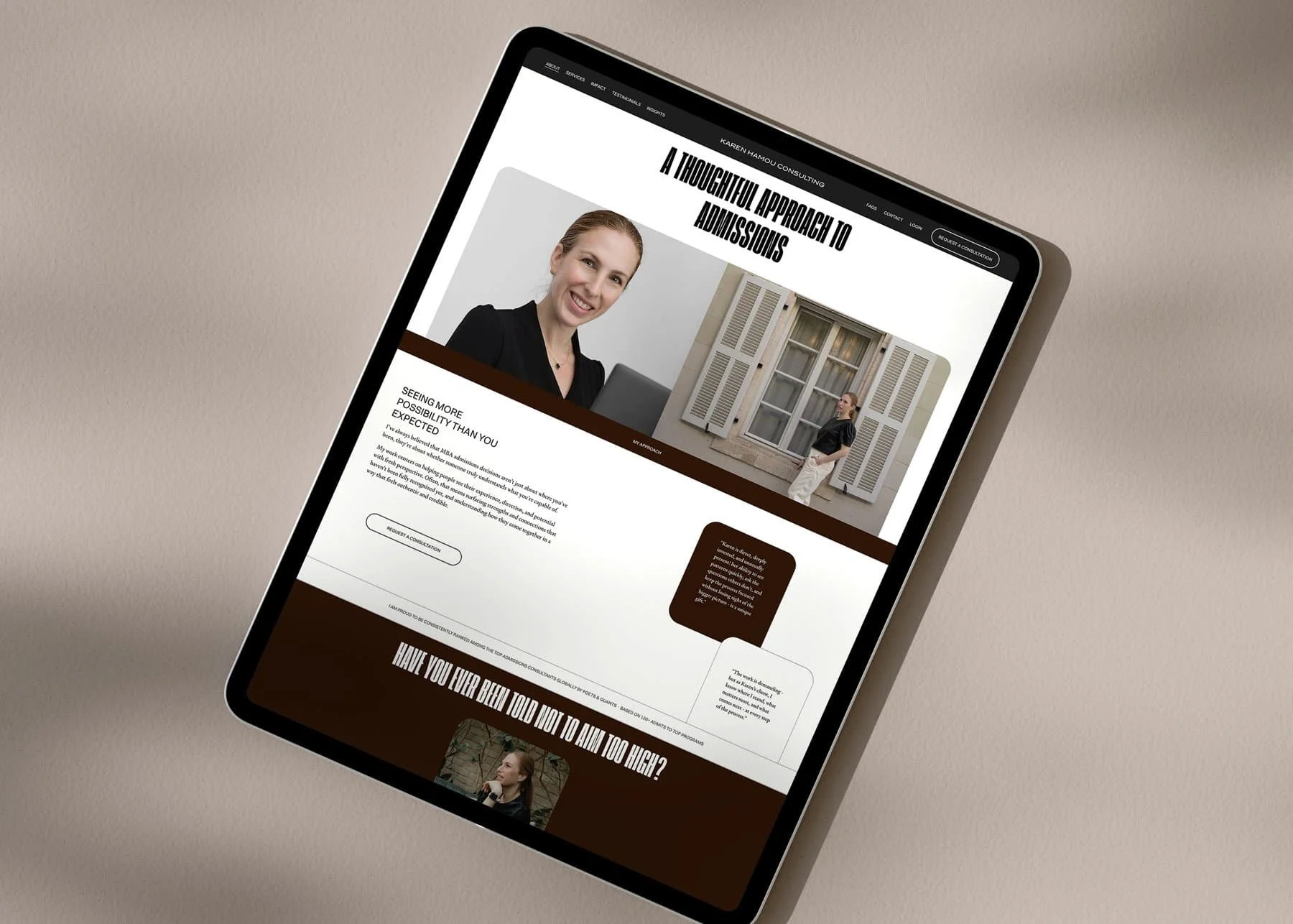 website design for an MBA admissions consultant on an ipad mockup
