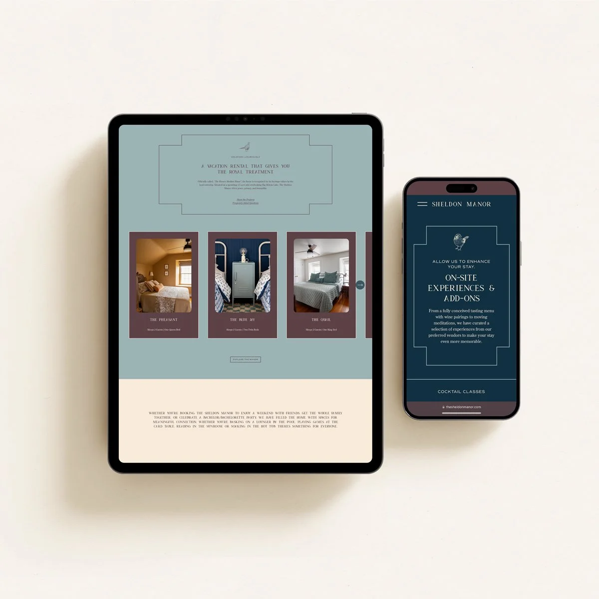 esponsive Squarespace website for The Sheldon Manor shown on tablet and mobile devices