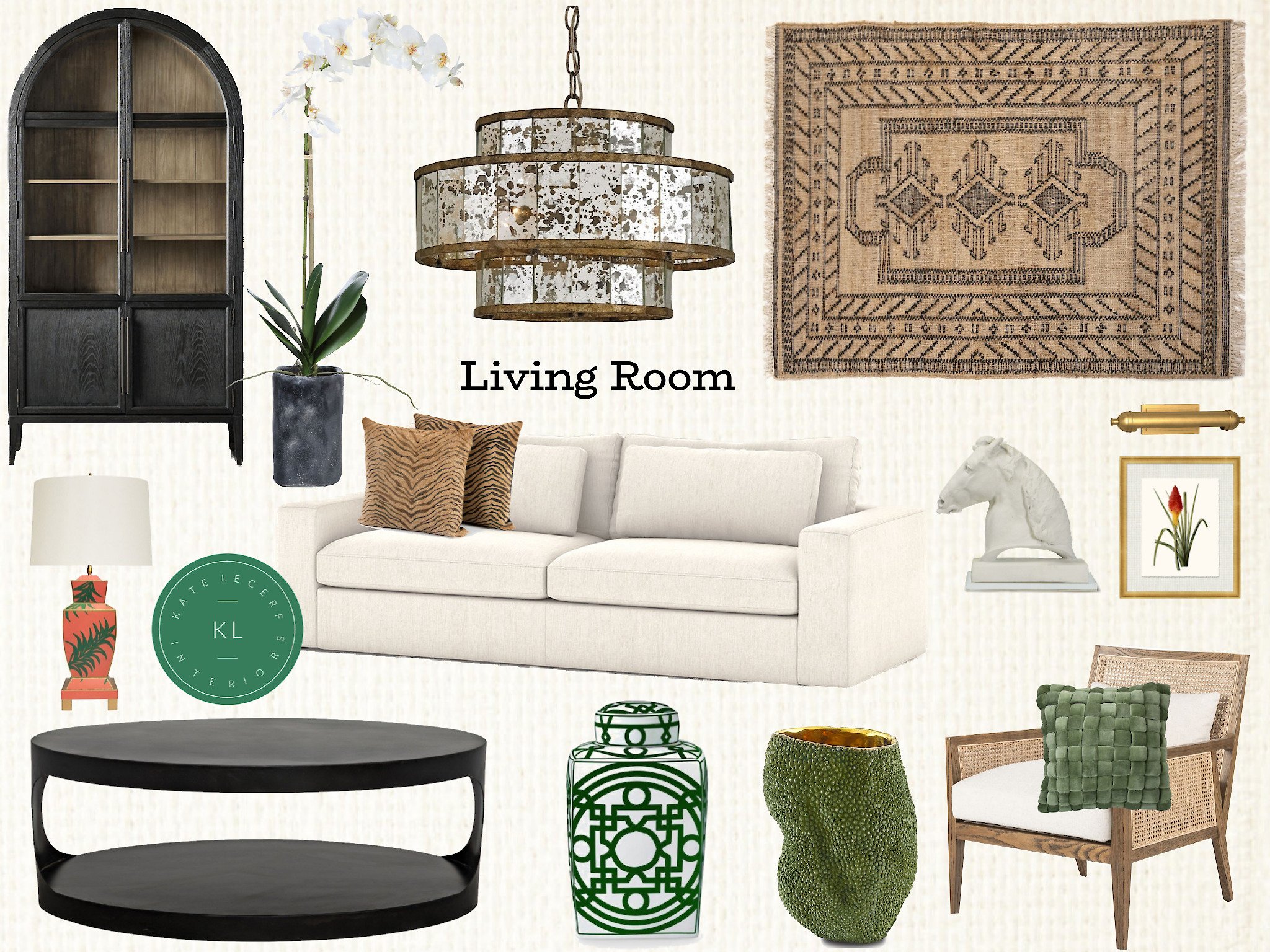  Living room white sofa neutral home decor black coffee table rattan chair black arched cabinet mercury glass chandelier 