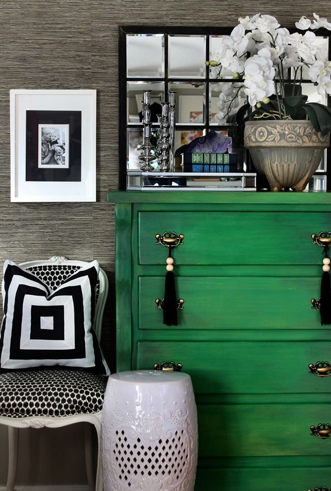 green cabinet black tassel grasscloth wallpaper