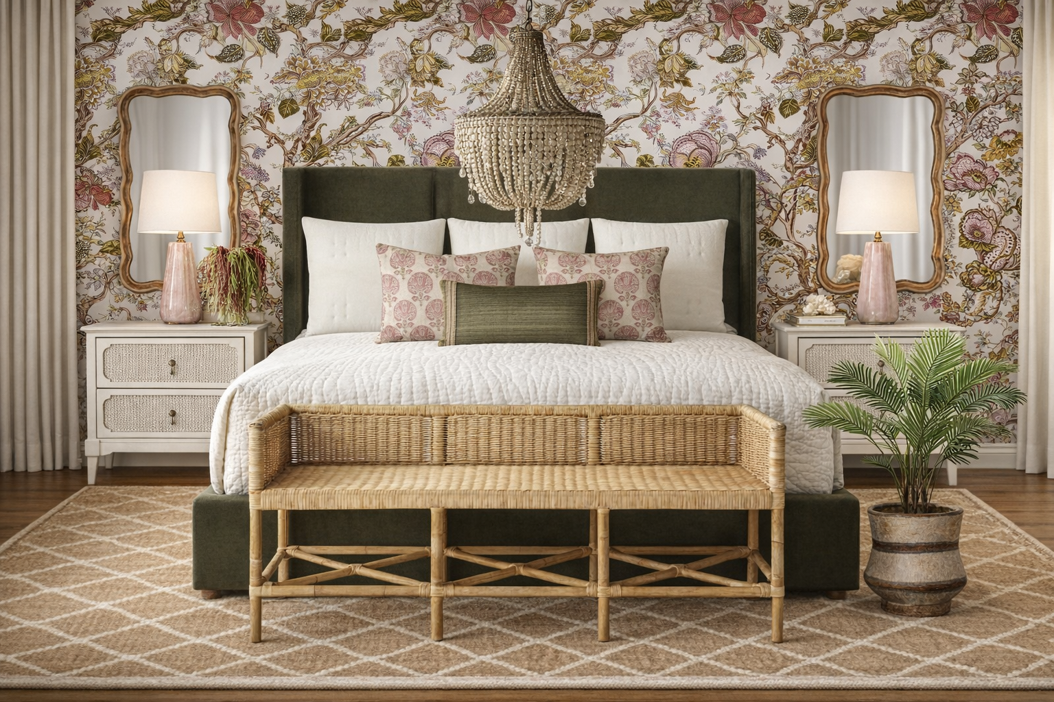 A bedroom with a dark green upholstered bed, white quilt, and decorative pillows, flanked by white nightstands with pink lamps, floral wallpaper, a large chandelier hanging from the ceiling, a rattan bench at the foot of the bed, a potted plant to th