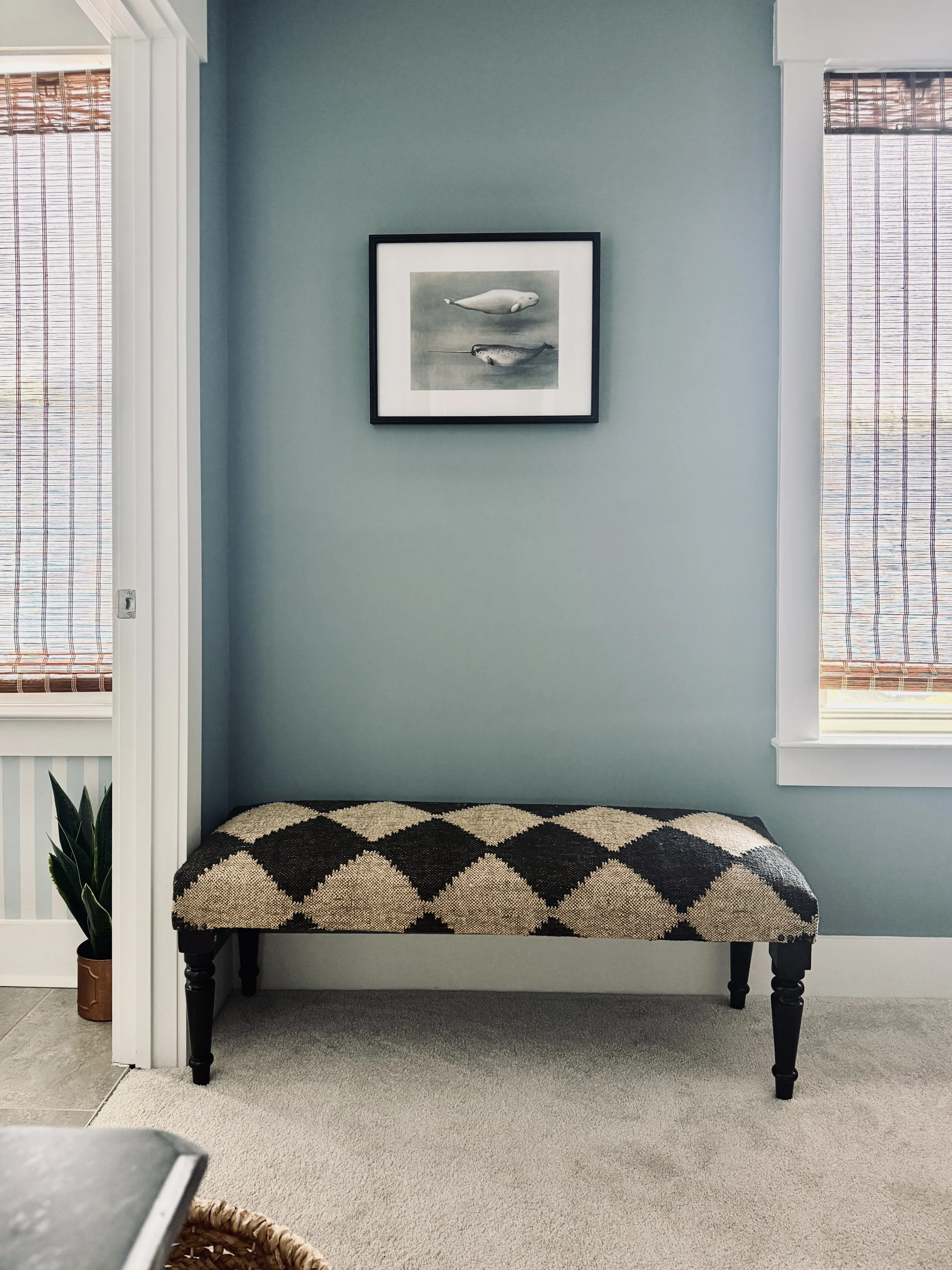 Interior of a room with a textured beige and black diamond-patterned bench against a teal wall, framed whale artwork, and windows with woven blinds.