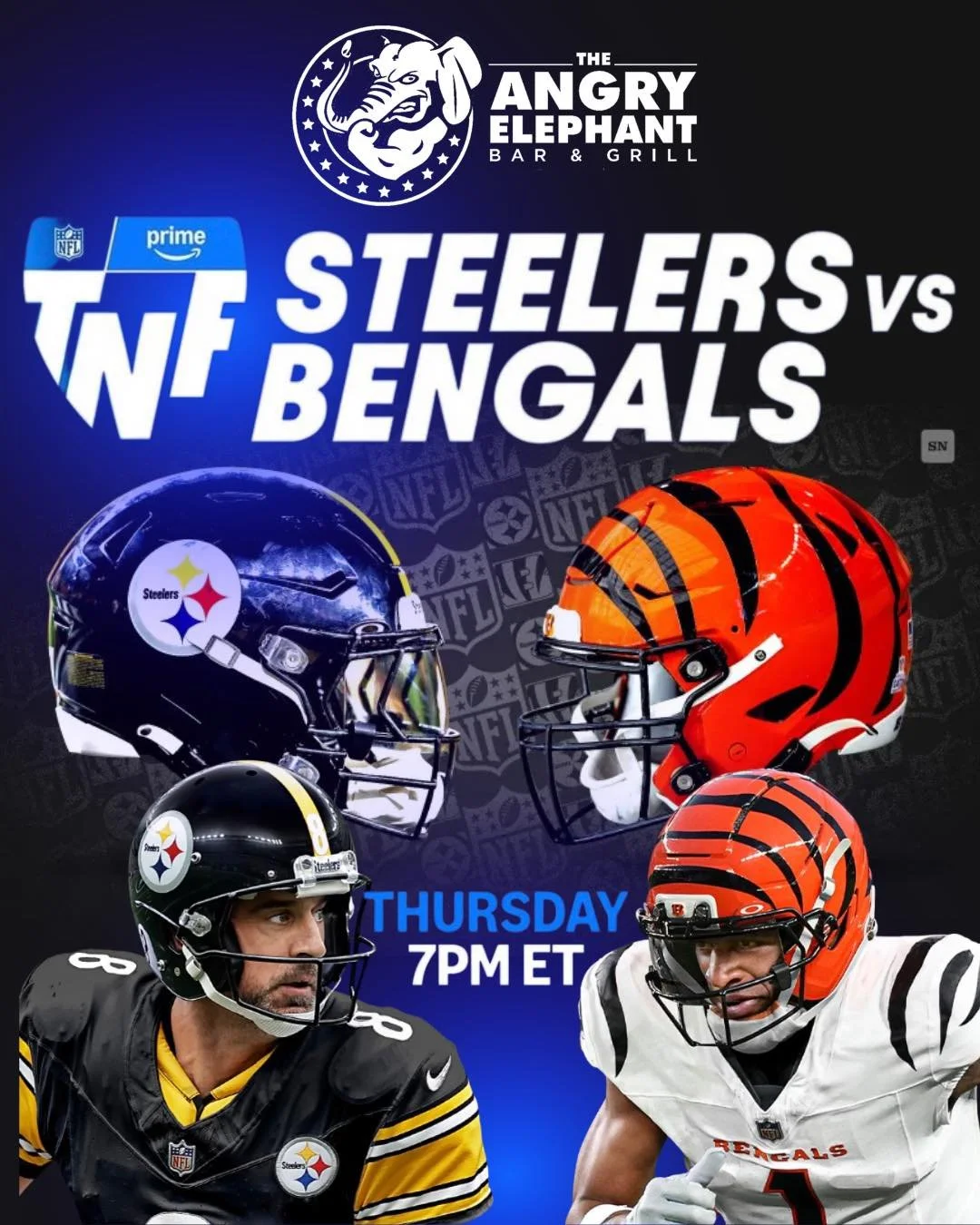Thursday night Football @ The Elephant 🐘
Steelers vs Bengals 
No better place to catch all the action and right here with us 
#TheAngryElephant #ThursdayNightFootball