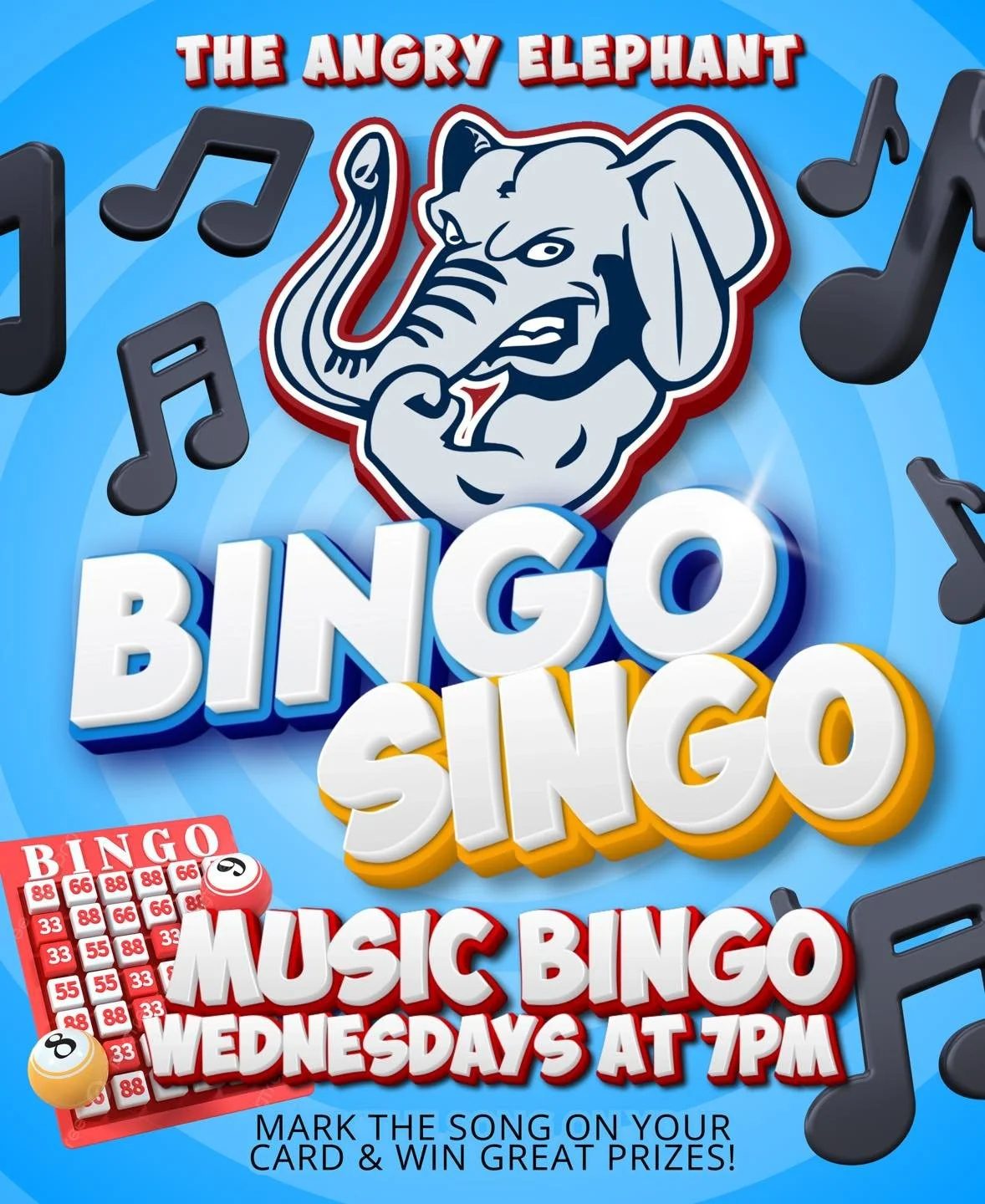 Bingo Singo Wednesdays at The Angry Elephant! 🎶 
Every Wednesday at 7 PM, join us for Music Bingo &mdash; it's bingo with a twist! Listen to the music, mark the song on your card, and win fantastic prizes. 🏆
Gather your friends and make it a midwee