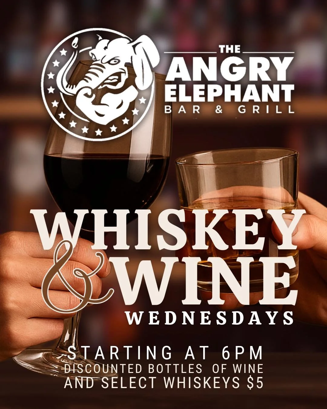 It&rsquo;s Whiskey &amp; Wine Wednesday at The Angry Elephant! 🍷🤝🥃

Starting at 6PM:
🍾 Discounted bottles of wine
🥃 Select whiskeys for just $5

Every Wednesday night &mdash; come sip, swirl, and unwind 🍷🔥
#TheAngryElephant #WhiskeyAndWineWedn