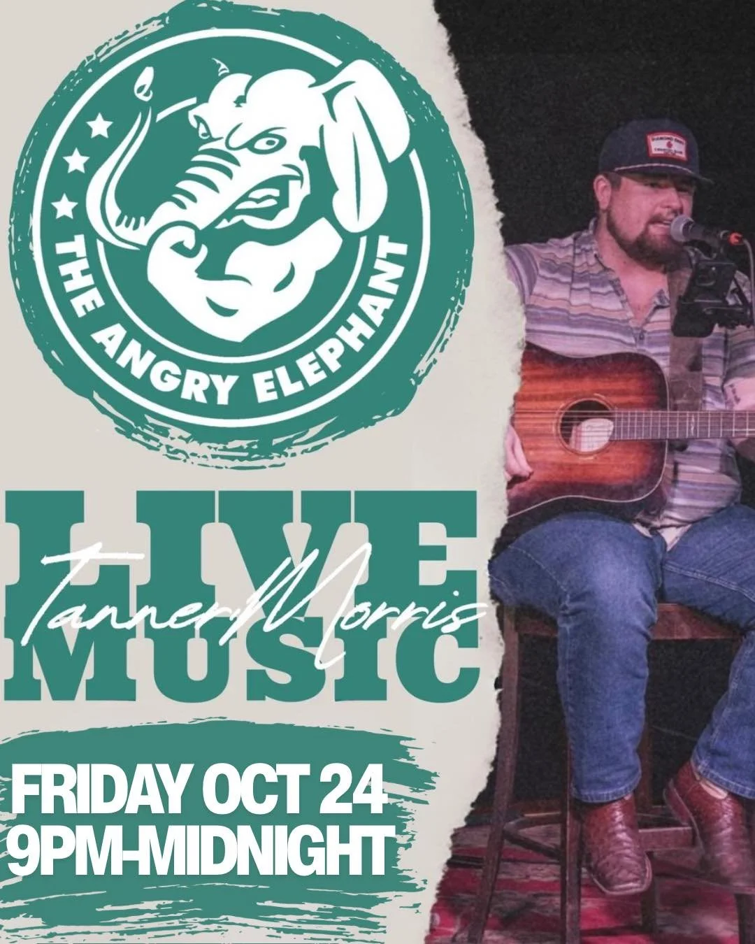 🎶 Live Music Fridays at The Angry Elephant Little Elm! 🎶

Join us this Friday, October 24th for a great night with Tanner Morris &mdash; playing live from 9PM to Midnight! 🎤🎸

Cold drinks, good vibes, and killer tunes &mdash; it&rsquo;s everythin