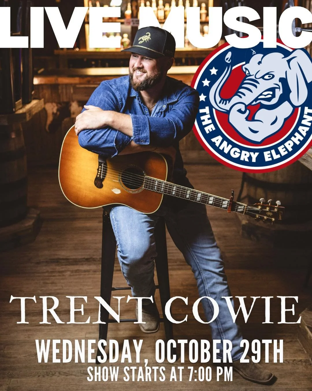🎶 Live Music Night at The Angry Elephant Magnolia! 🎶

Join us Wednesday, October 29th for an unforgettable evening with Trent Cowie &mdash; kicking off at 7PM! 🎤🎸

Grab your friends, your favorite drink, and enjoy a night of great country tunes, 