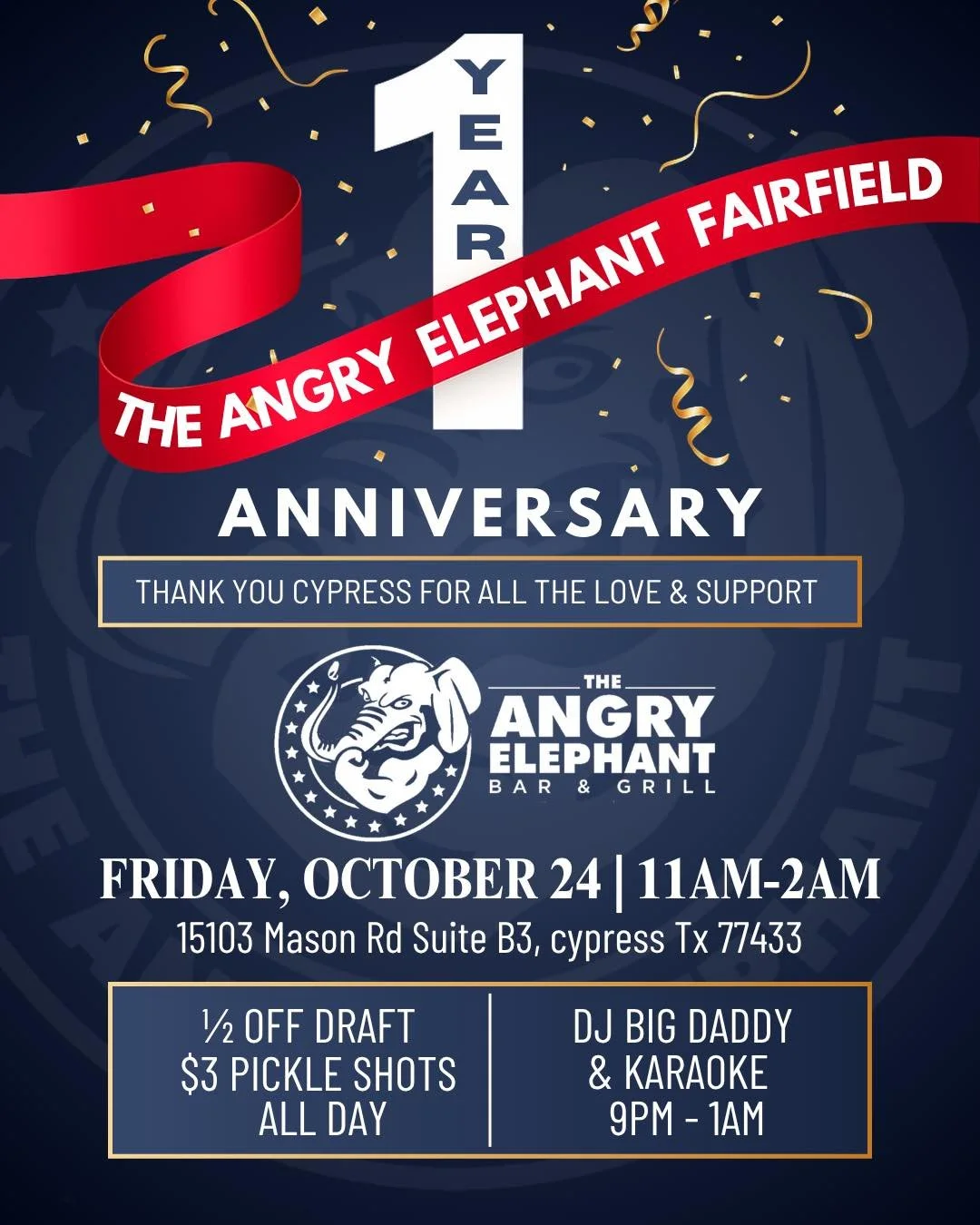 🎉 It&rsquo;s been ONE incredible year! 🐘💥

Join us TOMORROW &mdash; Friday, October 24th as we celebrate The Angry Elephant Fairfield&rsquo;s 1-Year Anniversary! 🎈
We couldn&rsquo;t have done it without YOU &mdash; thank you for all the love and 