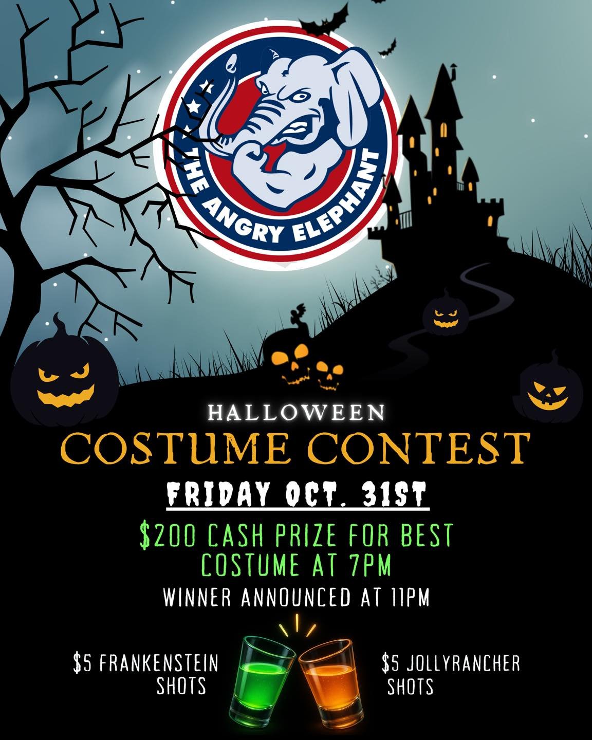 🎃👻 HALLOWEEN COSTUME CONTEST at The Angry Elephant! 🐘💀

Join us Friday, October 31st for a spooky good time!
💰 $200 CASH PRIZE for the best costume &mdash; judging starts at 7PM and the winner is announced at 11PM!

Sip on our wickedly good $5 F