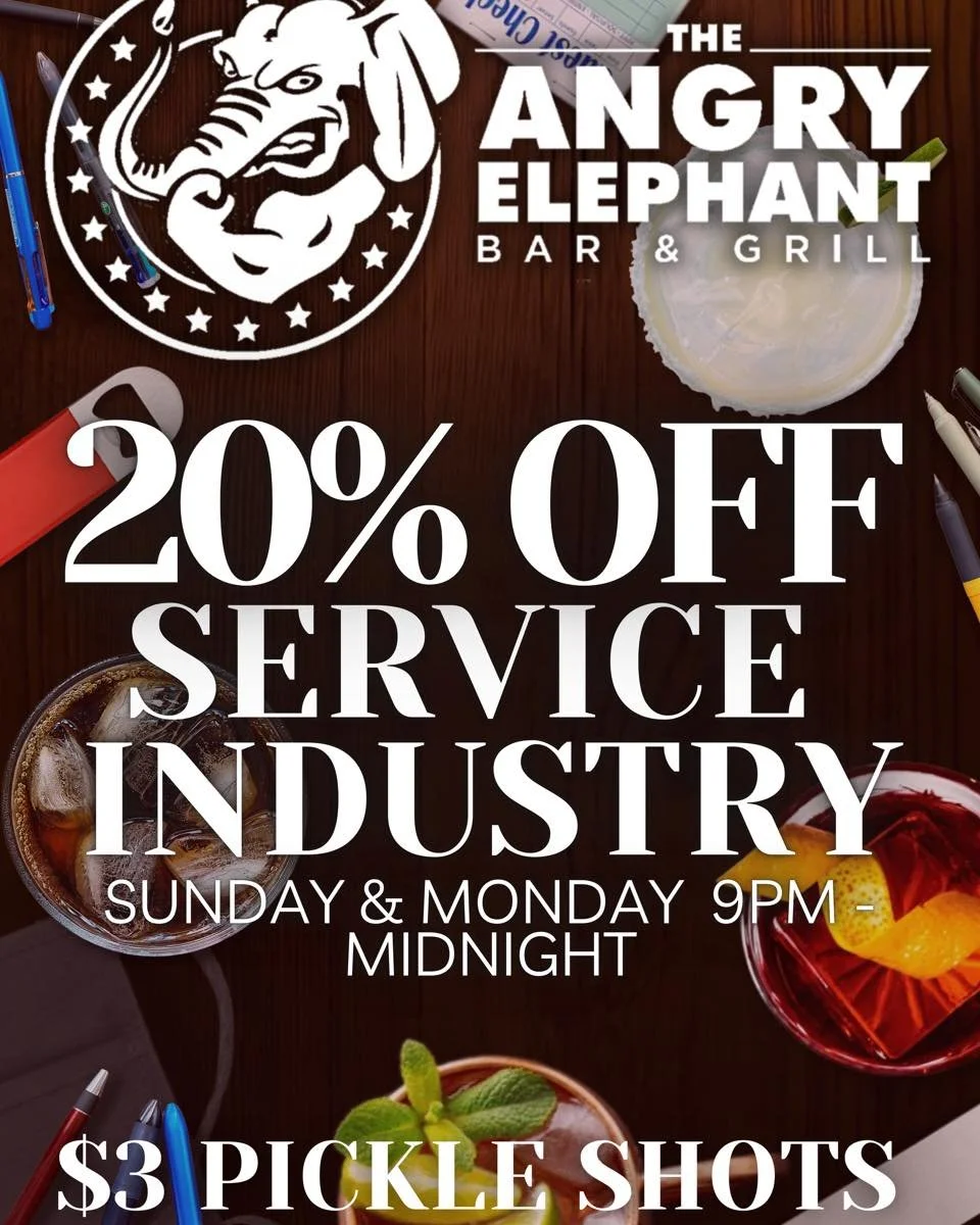 🍻 Service Industry Nights at The Angry Elephant! 🐘
We&rsquo;ve got you covered Sunday &amp; Monday from 9pm&ndash;midnight with:

✨ 20% off for all service industry
🥒 $3 Pickle Shots

Clock out, kick back, and come hang with us!

#ServiceIndustryN