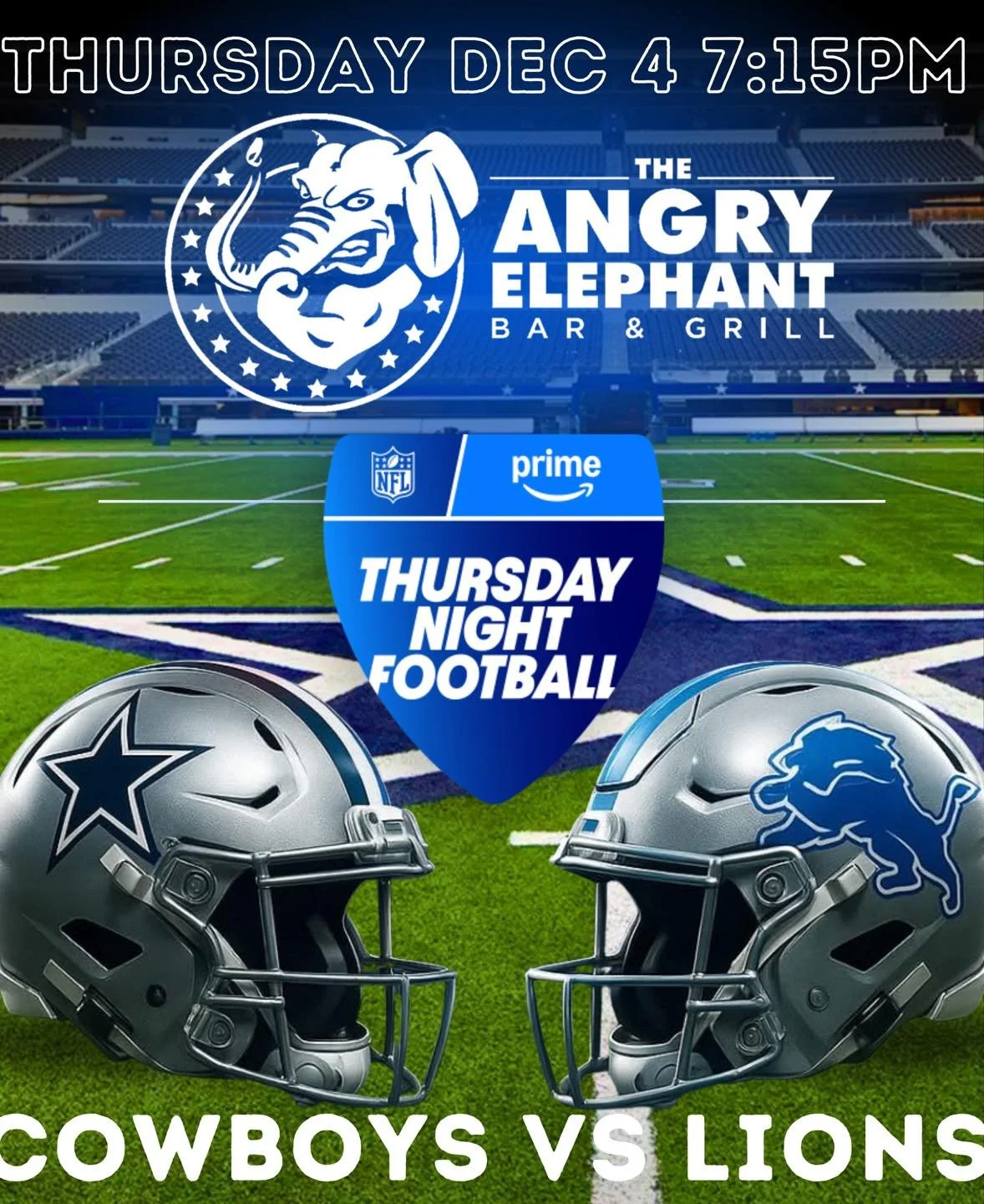 🏈 THURSDAY NIGHT LIGHTS AT THE ANGRY ELEPHANT! 🐘💥
Cowboys vs. Lions hits the big screens this Thursday, Dec 4 at 7:15pm, and there&rsquo;s no better place to watch it than with us!

Grab your crew, claim your spot, and enjoy cold drinks, great foo