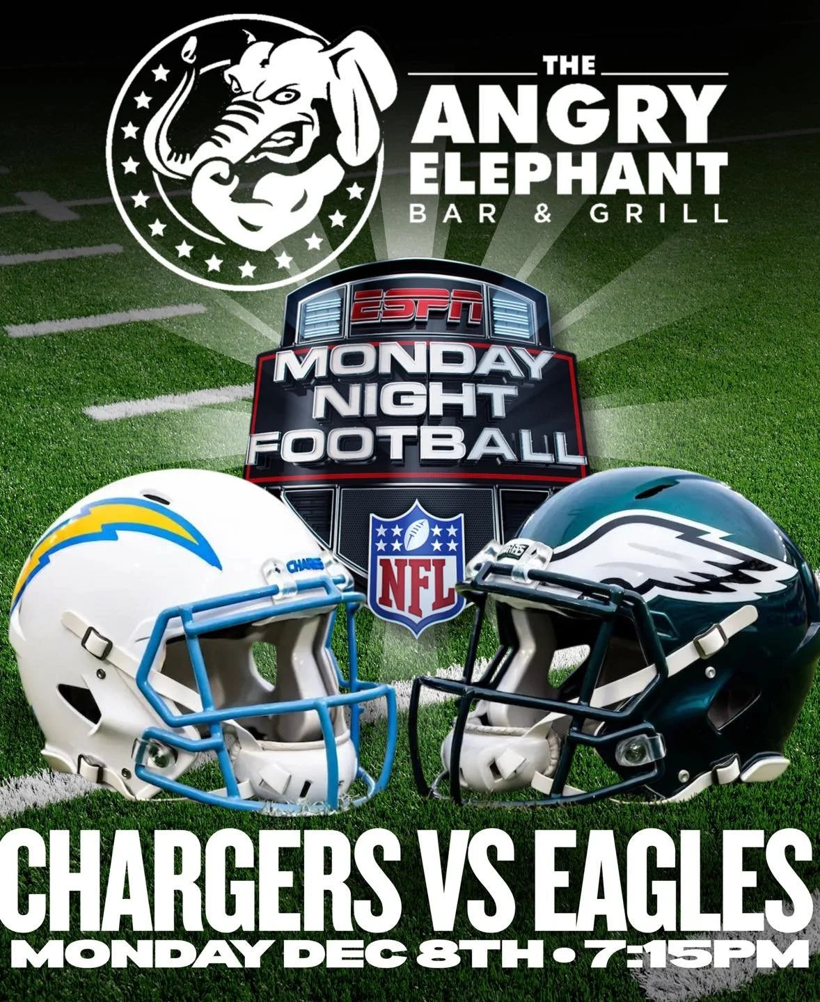 Monday Night Football at The Angry Elephant!
Chargers vs Eagles tonight at 7:15pm &mdash; come grab a drink, enjoy some great food, and watch every snap with us!

Your Monday night just got way more electric ⚡🦅🍻

#TheAngryElephant #MondayNightFootb