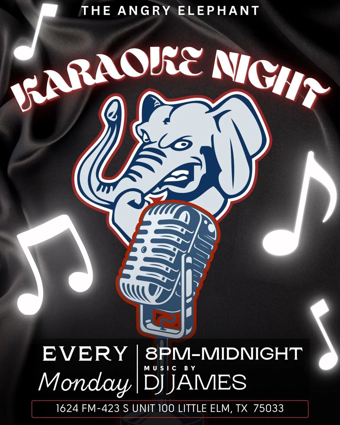 🎤 MONDAY = KARAOKE NIGHT at The Angry Elephant Little Elm! 🐘🎶

Bring your crew, grab the mic, and sing your heart out from 8PM&ndash;Midnight with DJ James keeping the vibes going all night long! 🎧🔥

Whether you&rsquo;re here to belt it out or c