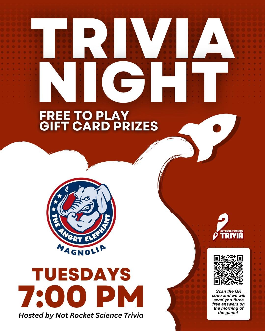 🧠✨ Think you&rsquo;ve got what it takes?

Join us for Trivia Night every Tuesday at The Angry Elephant!
📅 Tuesdays at 7pm
🎤 Hosted by Not Rocket Science Trivia

PLUS&hellip; it&rsquo;s Top Shelf Tuesday 🥃
Enjoy up to 50% off top shelf liquors all