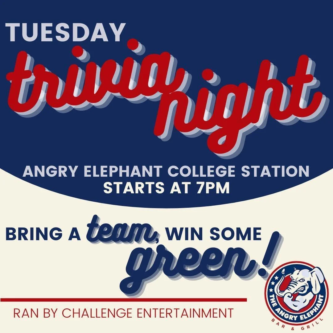 Join Us for Trivia every Tuesday night! 🐘🧠 Join us at 7pm to test your knowledge, compete with friends, and win awesome prizes! Get ready for some brain-teasing fun every Tuesday at The Angry Elephant! 
#TriviaNight #TheAngryElephant #triviatuesday