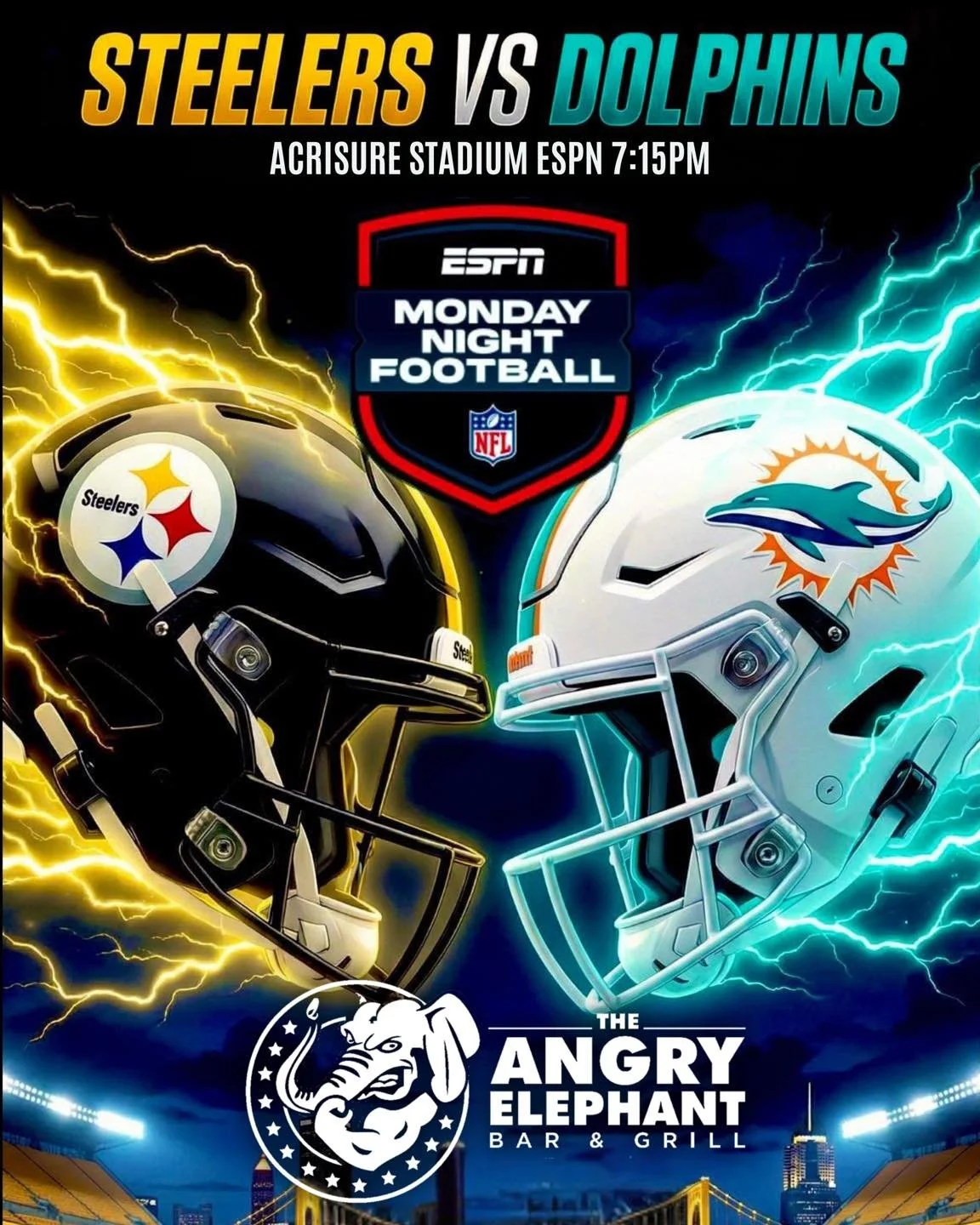 🐘🏈 MONDAY NIGHT FOOTBALL AT THE ANGRY ELEPHANT 🏈🐘

Steelers 🖤💛 vs Dolphins 🐬💙
📍 Acrisure Stadium
⏰ Kickoff 7:15 PM l

Big hits. Cold drinks. Loud fans.
There&rsquo;s no better place to watch Monday Night Football than at The Angry Elephant. 