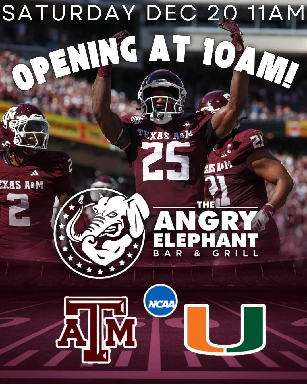 🐘🏈 Game Day at The Angry Elephant! 🏈🐘

Texas A&amp;M vs Miami
🗓️ Tomorrow
⏰ Kickoff at 11AM

We&rsquo;re opening early at 10AM 
all the Aggie energy before kickoff.

Grab your crew, wear your maroon, and watch it all go down at your favorite Agg