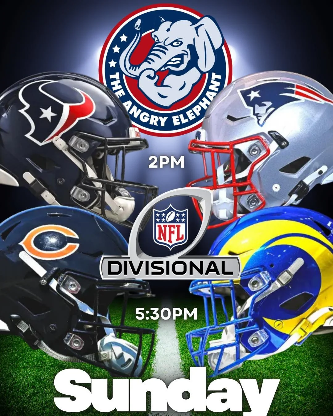 🏈 NFL DIVISIONAL SUNDAY at The Angry Elephant 🏈

Playoff Sunday done the right way 🍻🏈

⏰ 2PM
Houston Texans 🆚 New England Patriots

⏰ 5:30PM
Chicago Bears 🆚 Los Angeles Rams

Cold drinks, big screens, and all the playoff action &mdash; see you 