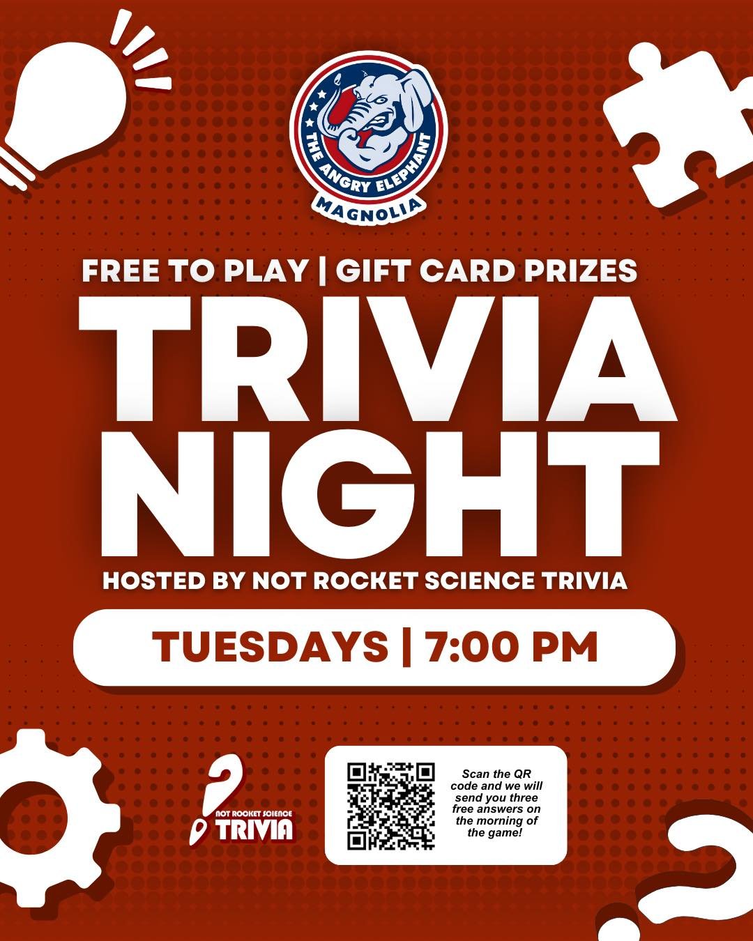 🧠✨ Think you&rsquo;ve got what it takes?

Join us for Trivia Night every Tuesday at The Angry Elephant!
📅 Tuesdays at 7pm
🎤 Hosted by Not Rocket Science Trivia

PLUS&hellip; it&rsquo;s Top Shelf Tuesday 🥃
Enjoy up to 50% off top shelf liquors all