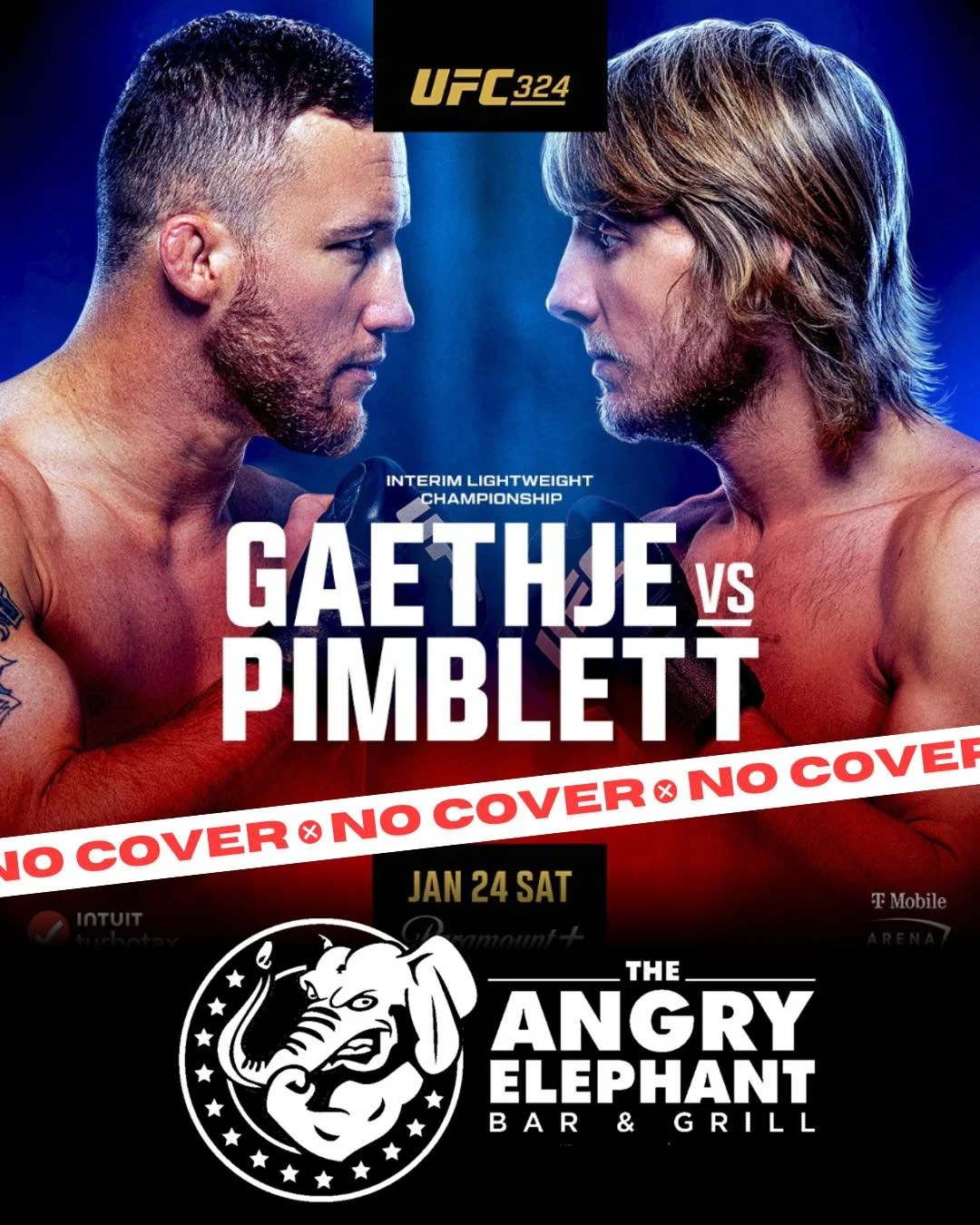 🥊🔥 UFC 324 THIS SATURDAY 🔥🥊
Gaethje vs. Pimblett is going DOWN &mdash; and there&rsquo;s no better place to catch every punch than The Angry Elephant 🐘💥

Big screens, ice-cold drinks, killer food, and fight-night vibes all night long 🍻
NEVER a