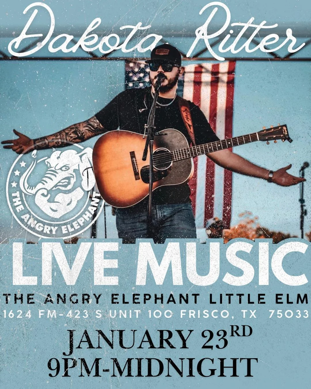 🎶 LIVE MUSIC ALERT 🎶

Tomorrow night! Dakota Ritter is taking the stage at The Angry Elephant &ndash; Little Elm 🤘
Grab a drink, round up your crew, and enjoy a night of live tunes and good vibes.

📅 Tomorrow &bull; January 23rd
⏰ 9PM&ndash;Midni