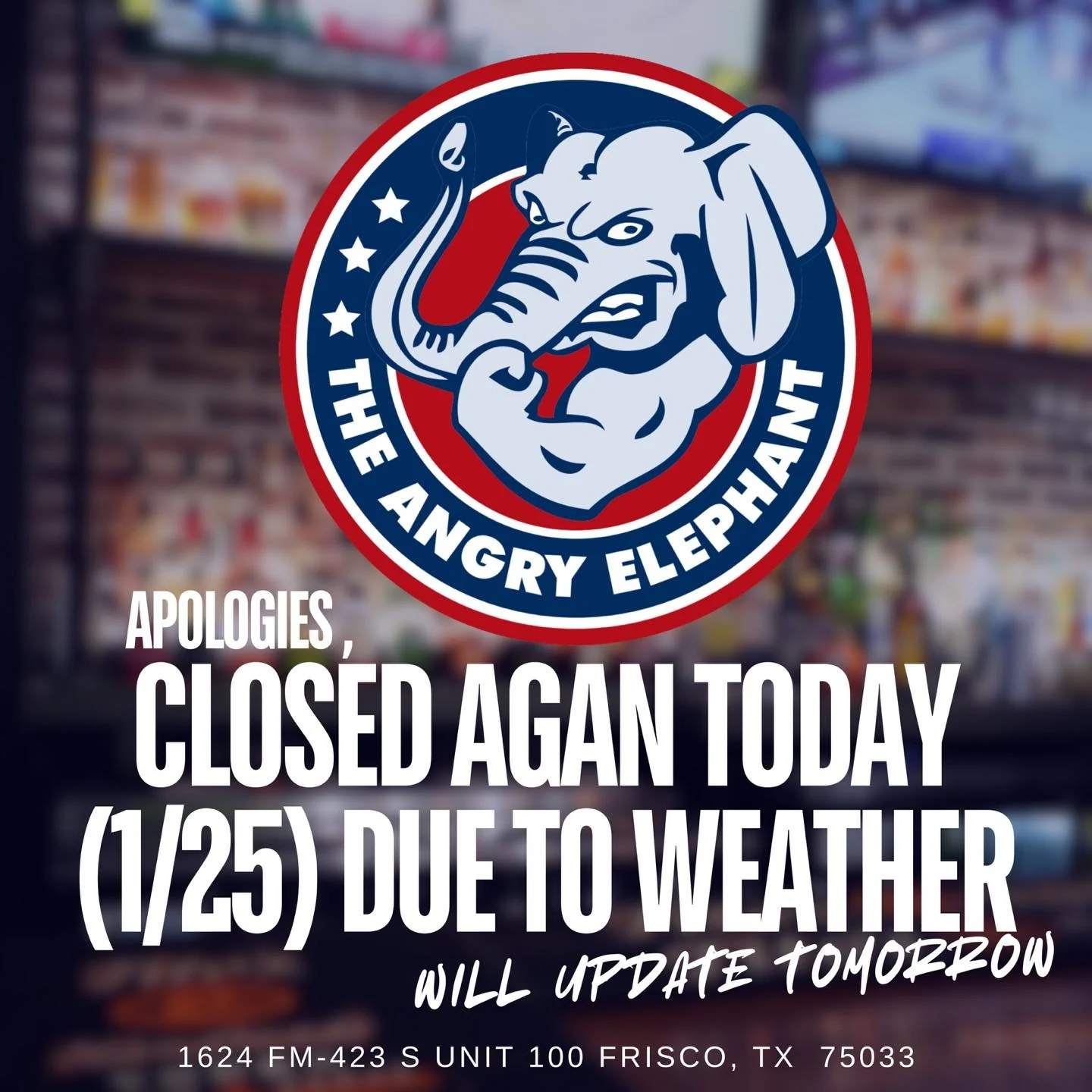 Apologies we&rsquo;re closed again today (January 25) due to weather
Will update you guys tomorrow