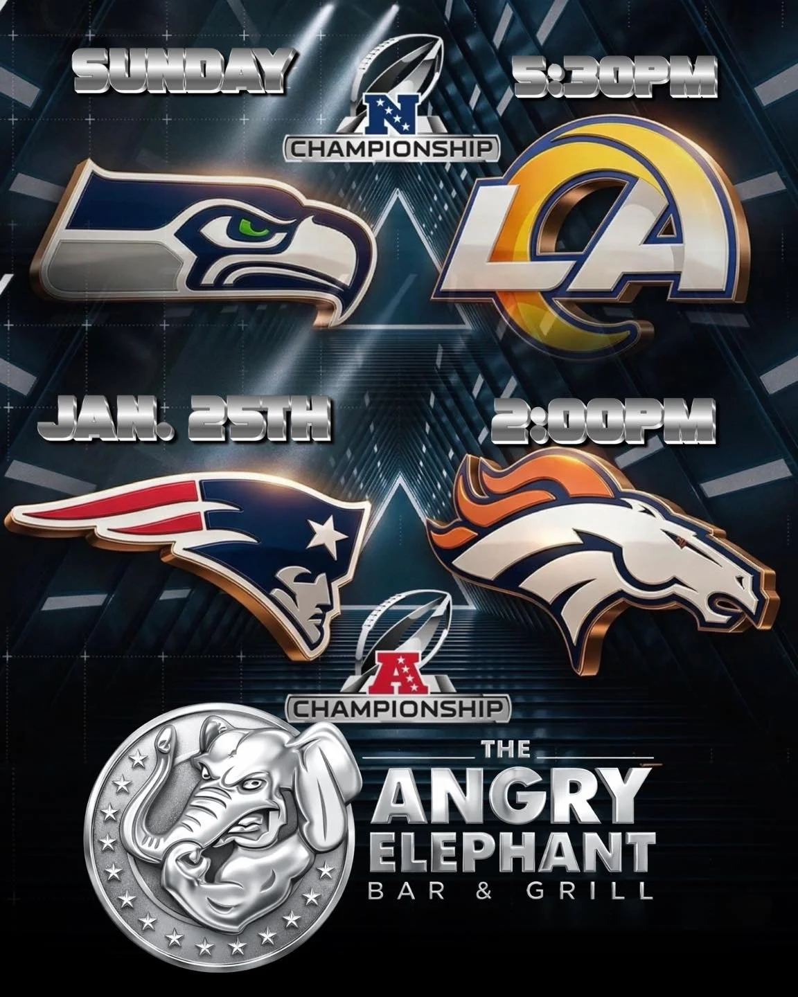 🏈 CHAMPIONSHIP SUNDAY AT THE ANGRY ELEPHANT 🐘

It&rsquo;s a full day of playoff action at The Angry Elephant 🍻
Both championship games on, drinks flowing, food hot, and every big play on screen.

⏰ 2:00 PM &ndash; Patriots 🆚 Broncos (AFC Champion