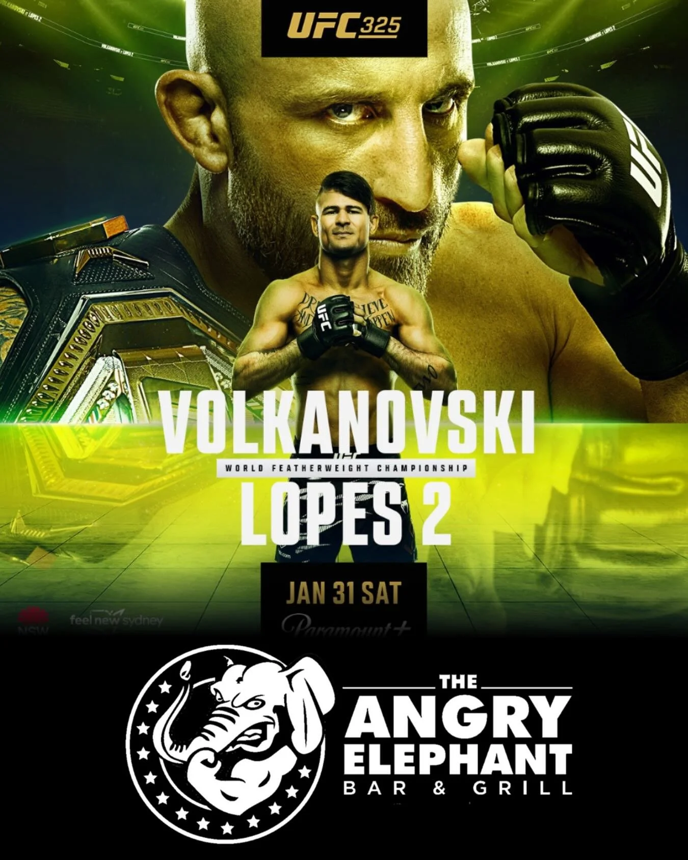 THIS SATURDAY 🥊🔥 at Angry Elephant

Catch Alexander Volkanovski vs Diego Lopes 2
World Featherweight Championship

🕘 Main card starts at 9PM (CT)

Your favorite bar is the place to be for fight night&mdash;
big screens, cold drinks, and an electri