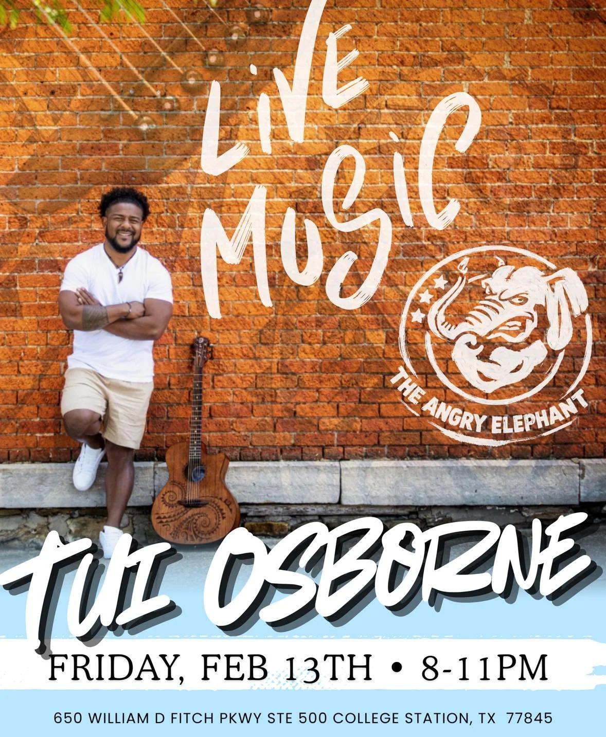 🎶 LIVE MUSIC THIS FRIDAY 🎶

Join us this Friday at The Angry Elephant for live music with Tui Osborne 🎸🔥

🗓 Friday, Feb 13th
⏰ 8&ndash;11PM
📍 650 William D Fitch Pkwy Ste 500, College Station, TX

Cold drinks, great vibes, and the perfect Frida