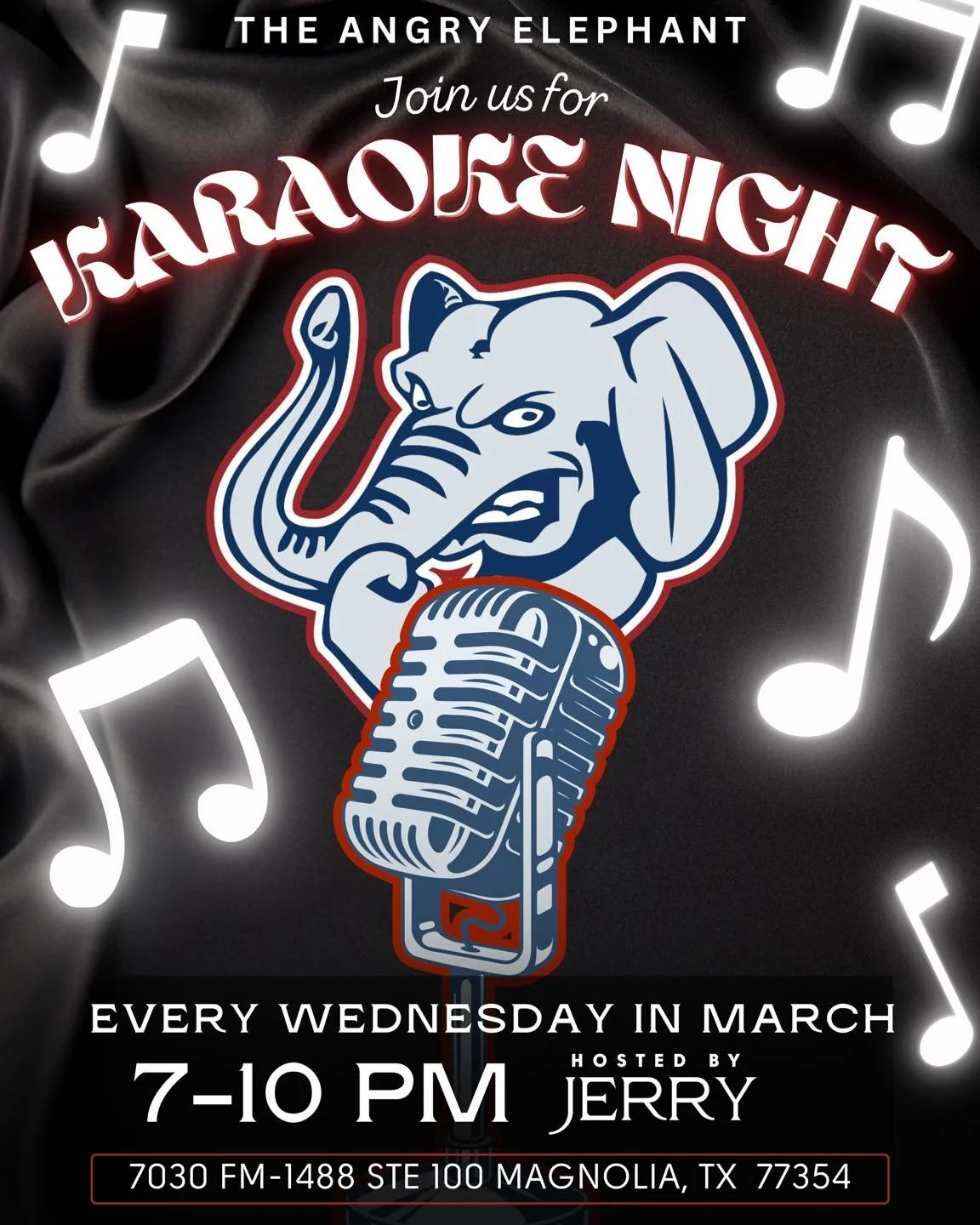 Magnolia&hellip; y&rsquo;all ready for this? 🎤🐘

We&rsquo;re kicking off Karaoke Night at The Angry Elephant every Wednesday in March!

🎶 7&ndash;10 PM
🎤 Hosted by Jerry
📍 7030 FM-1488 Ste 100 | Magnolia, TX

Grab your crew, pick your anthem, an