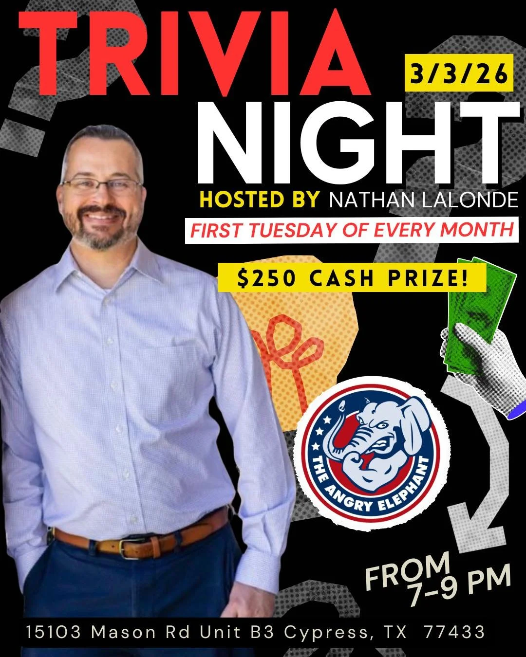 🧠💡 TRIVIA NIGHT💡🧠

Join us tomorrow (Tuesday 3/3/26) for Trivia Night hosted by Nathan Lalonde!

🗓 First Tuesday of every month
💰 $250 CASH PRIZE
⏰ 7&ndash;9 PM
📍 15103 Mason Rd Unit B3, Cypress, TX 77433

Grab your smartest friends (or the on