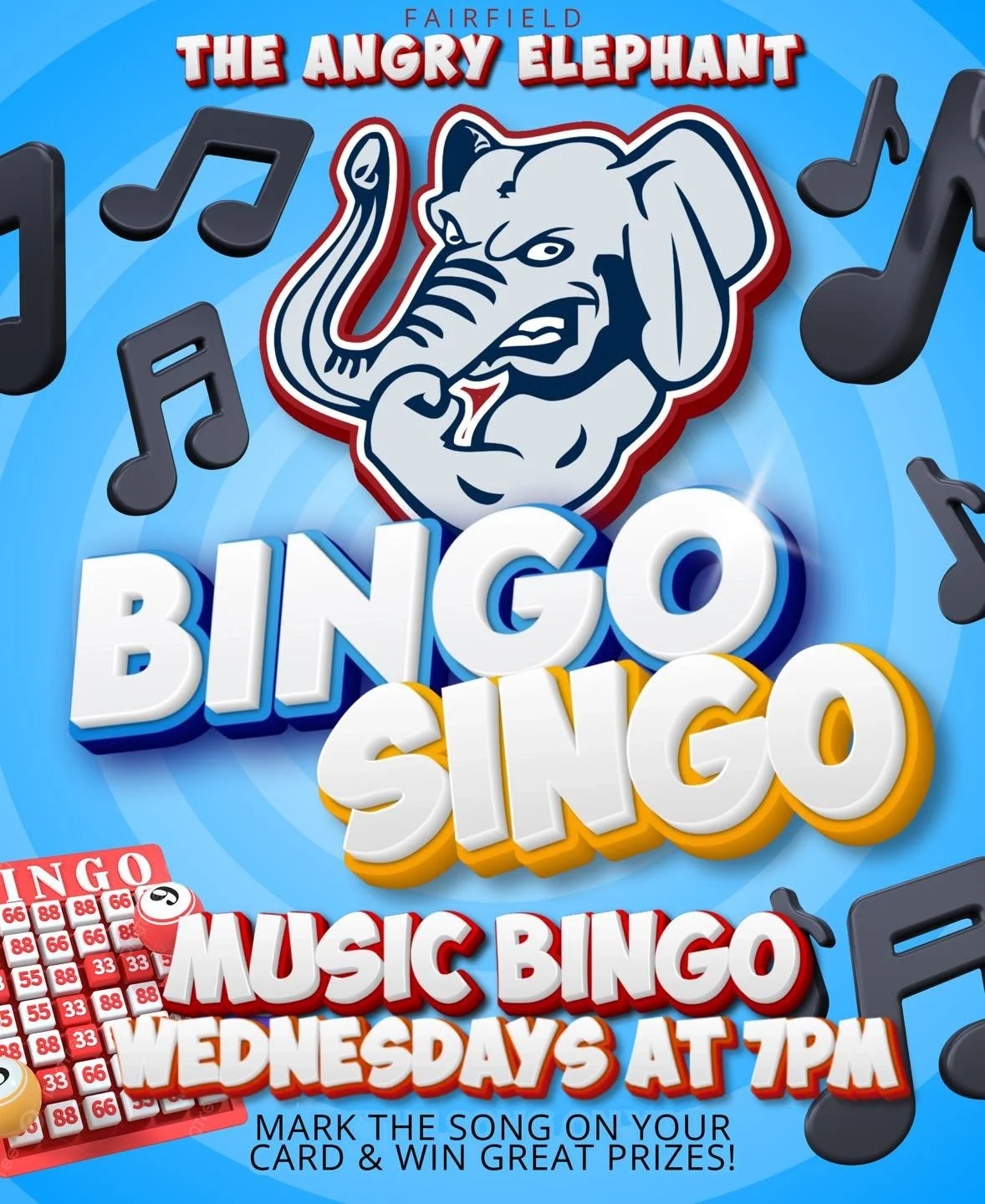 Bingo Singo Wednesdays at The Angry Elephant! 🎶 
Every Wednesday at 7 PM, join us for Music Bingo &mdash; it's bingo with a twist! Listen to the music, mark the song on your card, and win fantastic prizes. 🏆
Gather your friends and make it a midwee