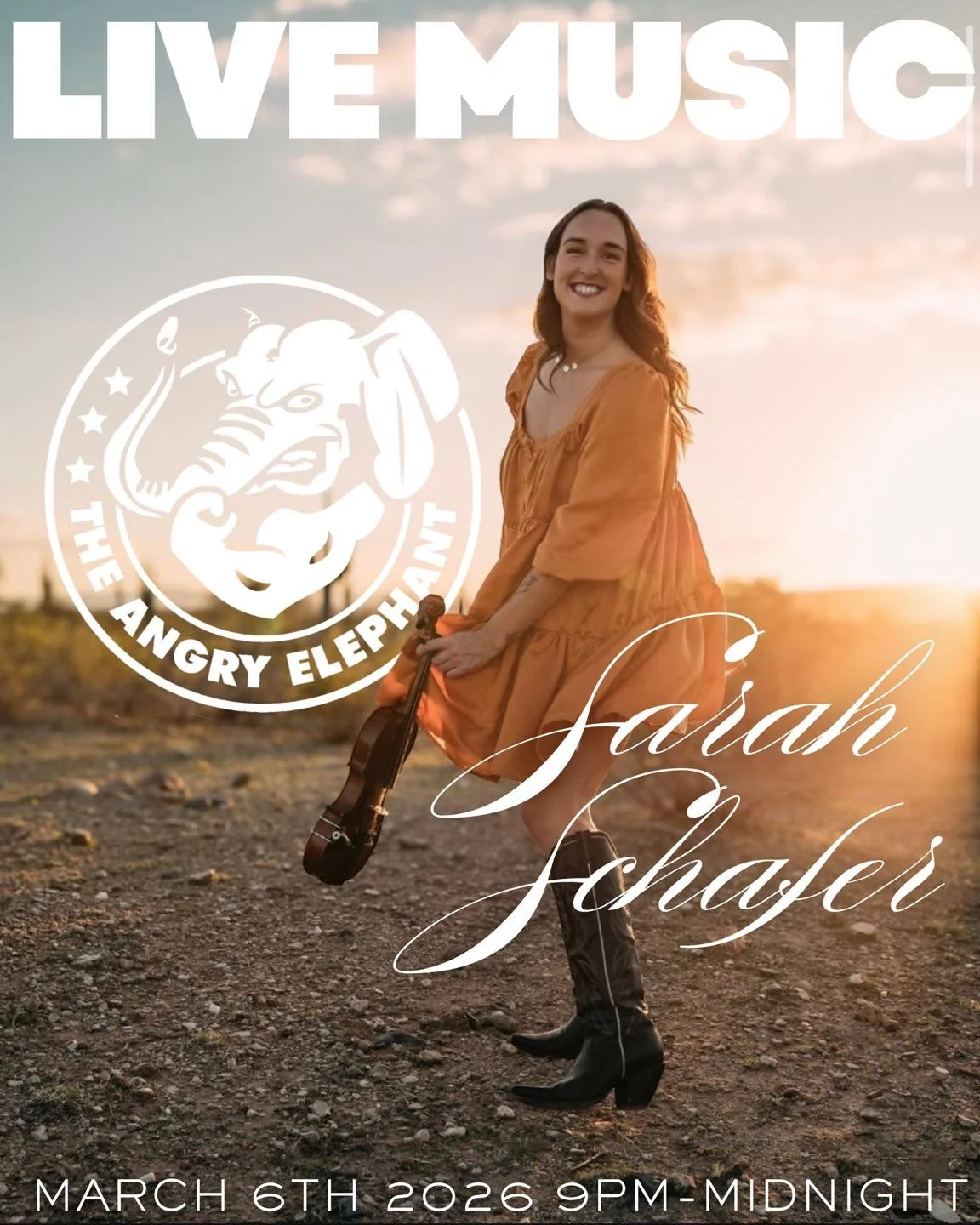 This Friday at The Angry Elephant 🎶🐘

We&rsquo;ve got LIVE MUSIC with Farah Schafel taking the stage!

Join us Friday, March 6th from 9PM&ndash;Midnight for a night of great music, cold drinks, and the best crowd in town. Grab your friends, find a 