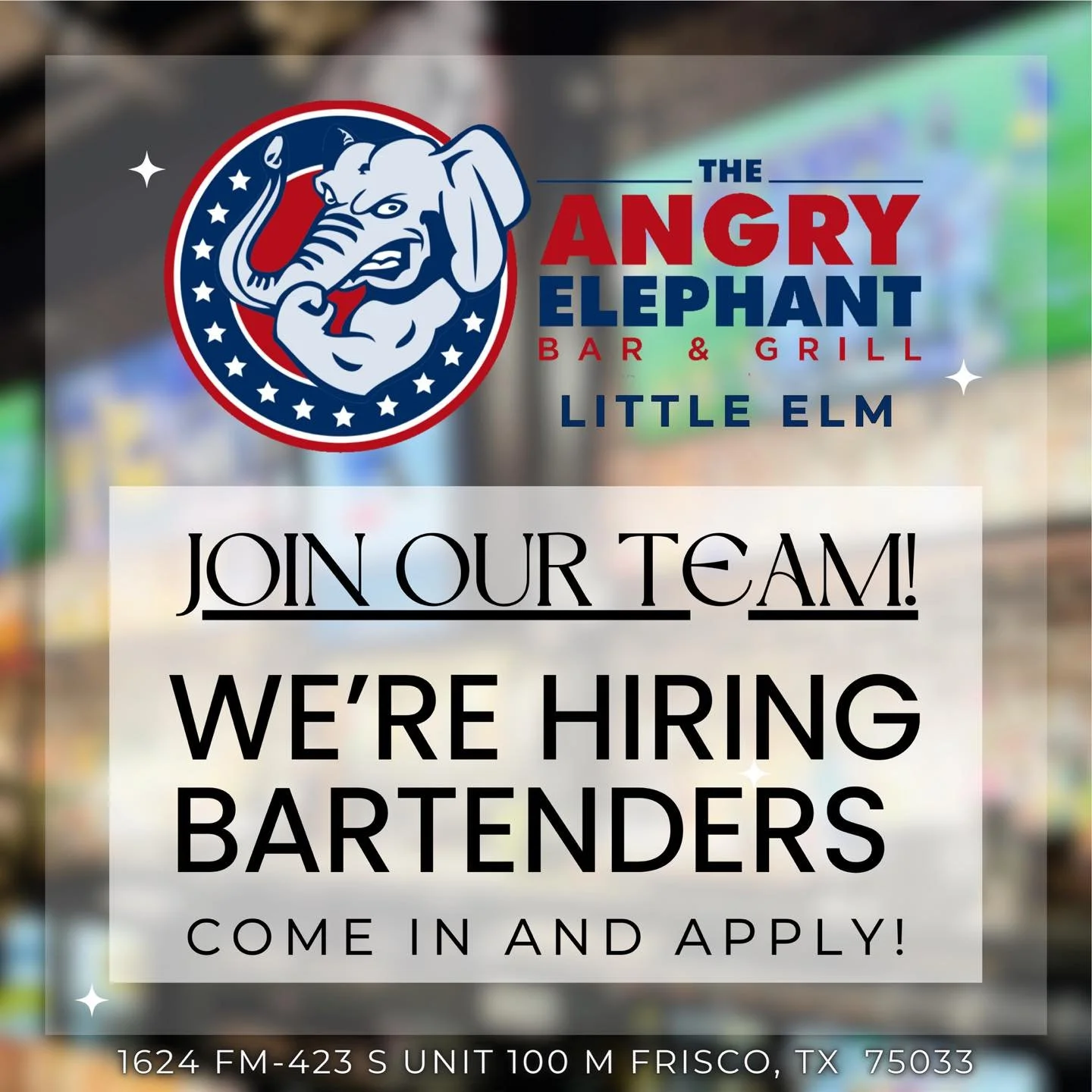 Join our team! 
We&rsquo;re hiring bartenders.
Come in and apply today! 

📍 1624 FM-423 S Unit 100 Frisco, TX  75033