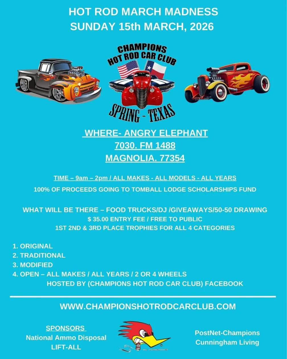 🚗 Hot Rod March Madness Car Show

Join us Sunday, March 15 | 9AM&ndash;2PM at The Angry Elephant &ndash; Magnolia for a morning full of incredible hot rods and classic cars.

📍 7030 FM 1488, Magnolia, TX
🚘 All makes, models &amp; years welcome
🎶 