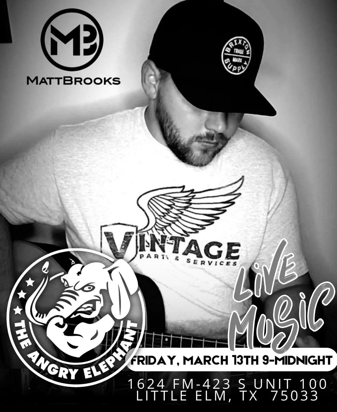 Live Music Friday 🎸

Kick off your weekend with Matt Brooks live at The Angry Elephant!
Great music, cold drinks, and the perfect Friday night vibe.

📅 This Friday, March 13
⏰ 9 PM &ndash; Midnight

Grab your crew, order your favorite drink, and le