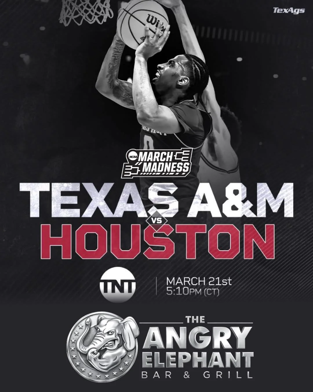 2ND ROUND &bull; GAME DAY, AGGIELAND‼️

Texas A&amp;M vs Houston
🏀 Tip-off at 5:10PM
📍The Angry Elephant

The madness rolls on and we&rsquo;ve got every second right here at The Angry Elephant 🍻
Cold drinks, loud crowd, and wall-to-wall hoops.

Pu