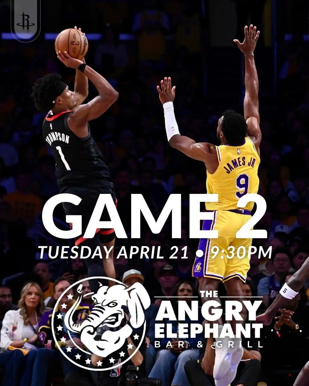 Game 2. Prime time. 🏀🔥

Tuesday, April 21
9:30PM

Catch every shot, every stop, every moment at The Angry Elephant &mdash; big screens, cold drinks, and playoff energy all night. Never a cover charge.

Pull up early, stay late.

#NBAPlayoffs #Game2