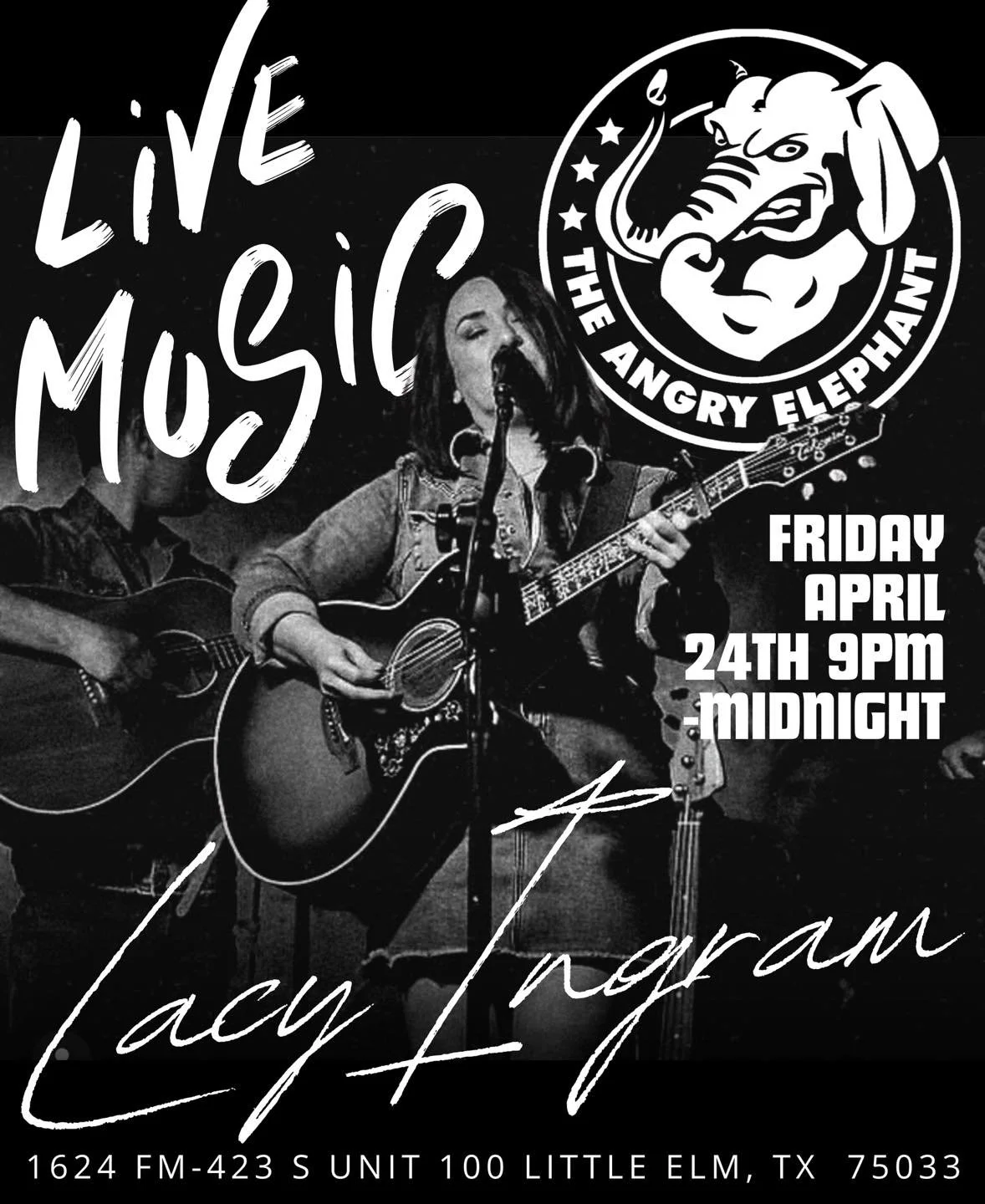 Live music Fridays at The Angry Elephant 🎶🔥

This week: Lach Ingram
📅 Friday, April 24th
⏰ 9PM &ndash; Midnight

Cold drinks, great music, and a crowd that keeps the energy going all night. Never a cover charge.

See y&rsquo;all here.

#LiveMusic 